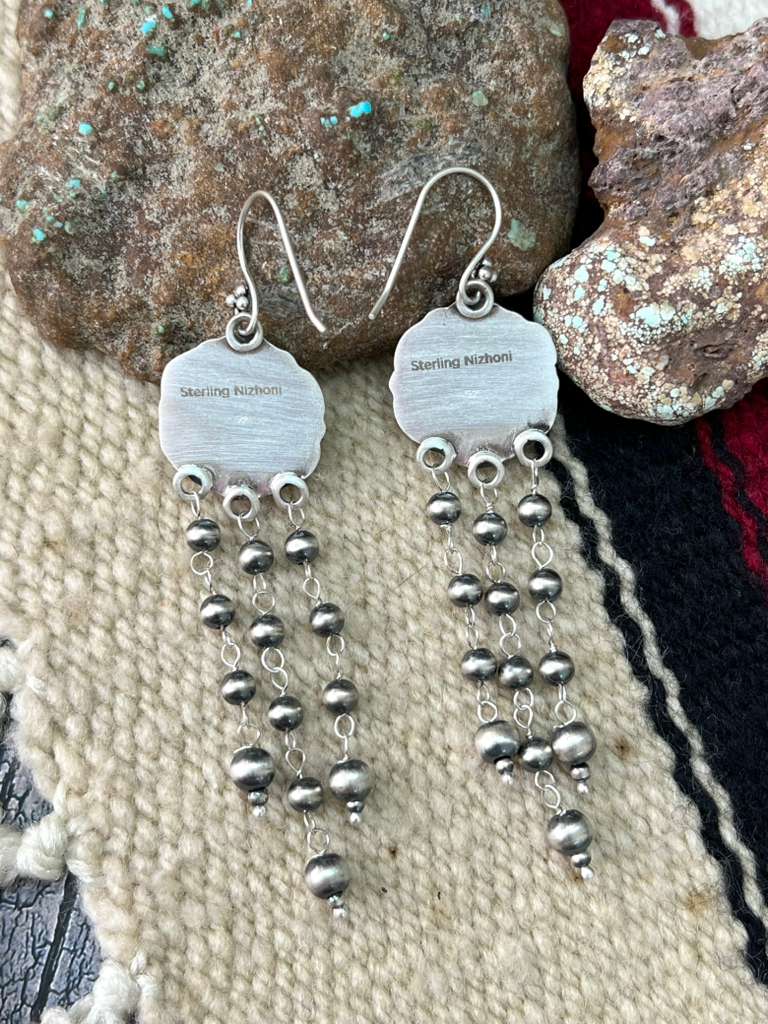 Handmade Sterling Silver Kingman Turquoise Hook Dangle Earrings with Signed Nizhoni