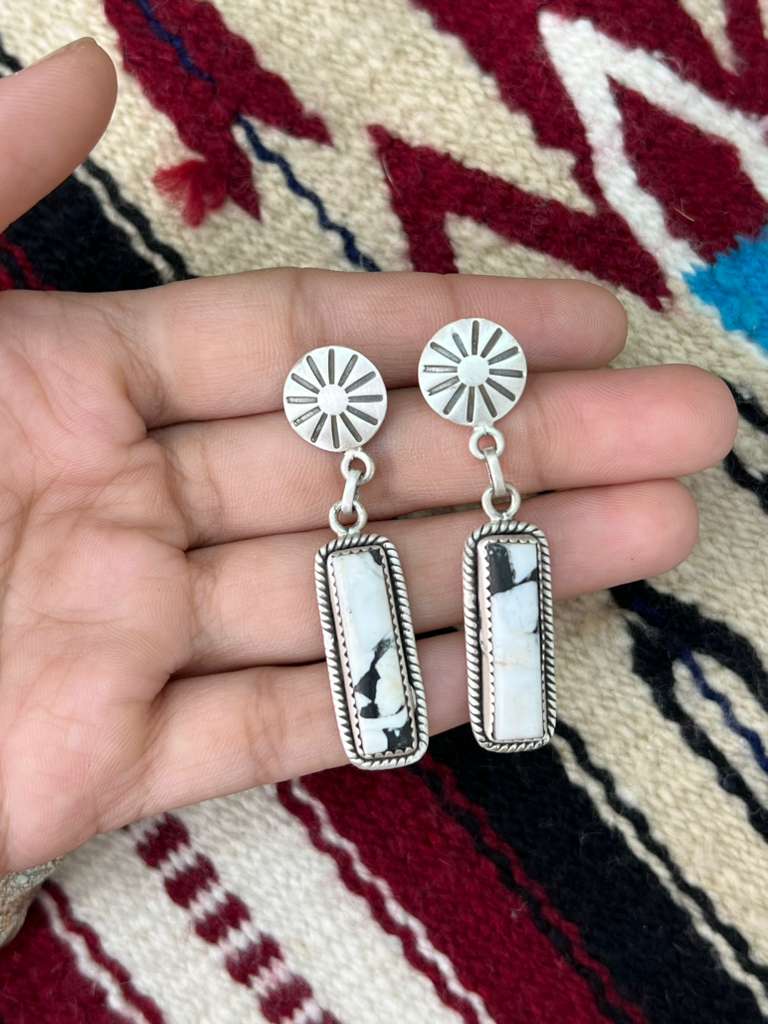 Handmade Sterling Silver White Buffalo Post Dangle Earrings "Signed Nizhoni"
