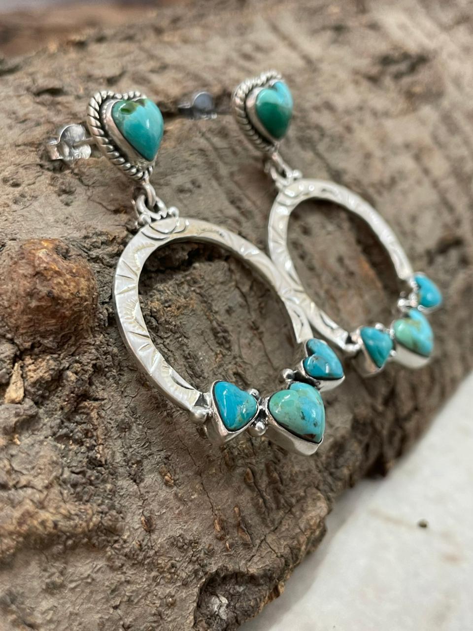 "Heart Collection" Handmade Sterling Silver Kingman Turquoise Post Dangle Hoop Earrings "Signed Nizhoni"