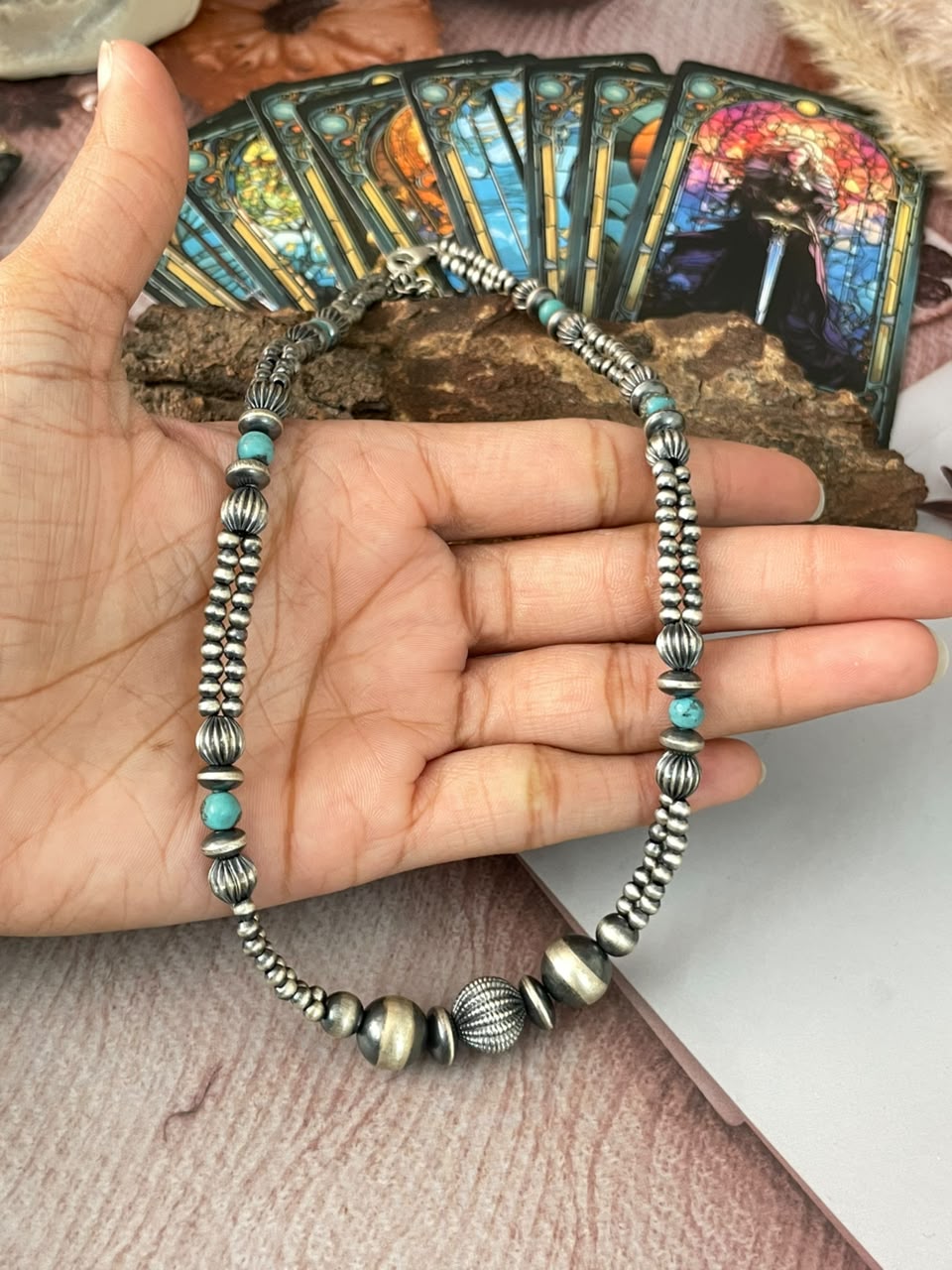 Handmade Sterling Silver Kingman Turquoise Beaded Necklace Signed Nizhoni
