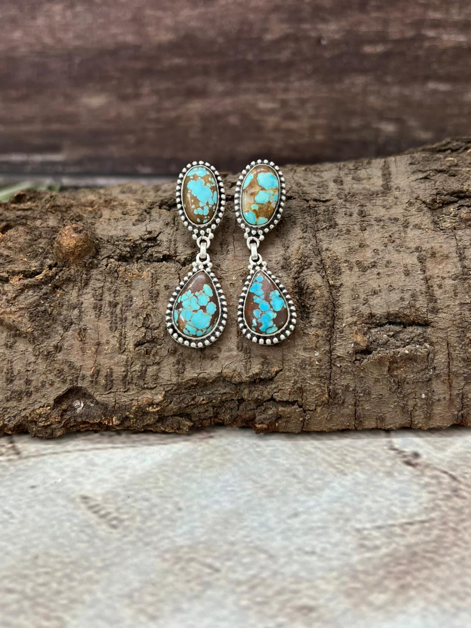 Handmade Sterling Silver Number 8 Turquoise Post Dangle Earrings with Signed Nizhoni (3)