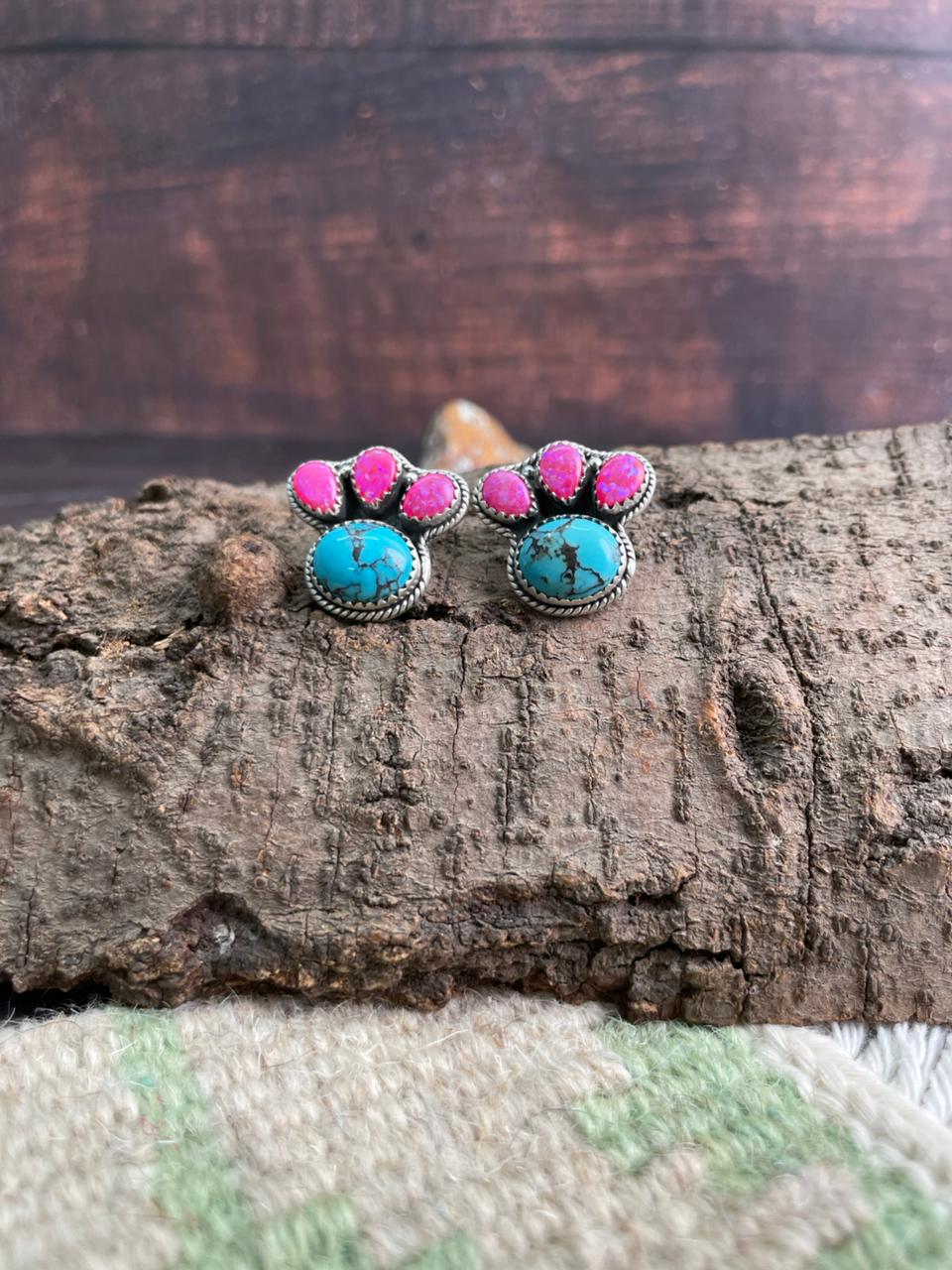 Handmade Sterling Silver Arizona Blue Turquoise with Hot Pink Post Studs Earrings "Signed Nizhoni"