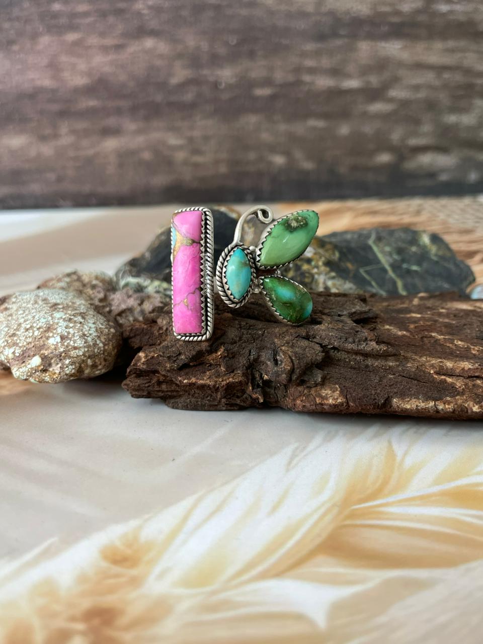 Handmade Sterling Silver Spring Collection: Sonoran Mountain Turquoise with Cotton Candy Butterfly Adjustable Ring "Signed Nizhoni"