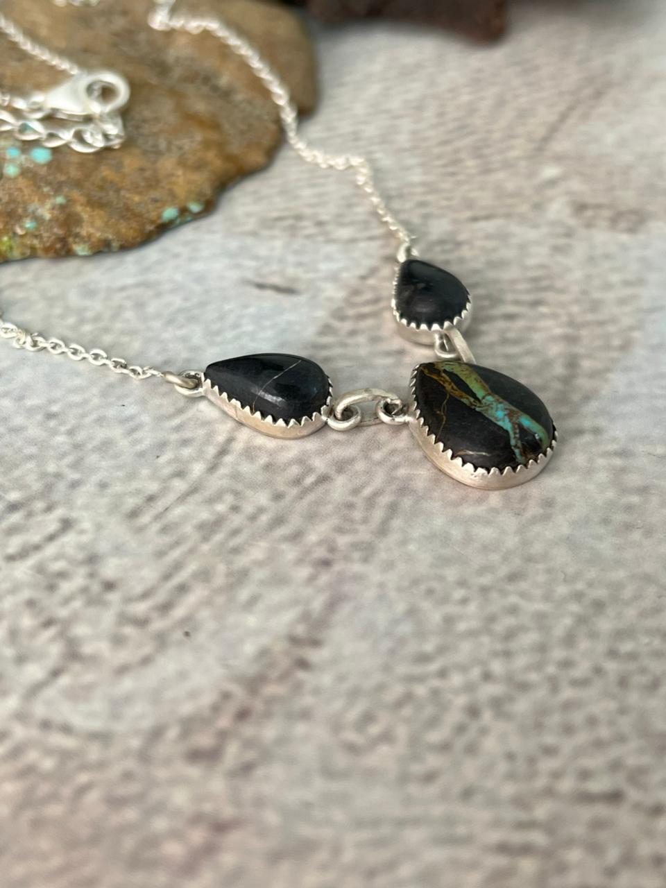 Handmade Sterling Silver Blackjack Turquoise Necklace "Signed Nizhoni"