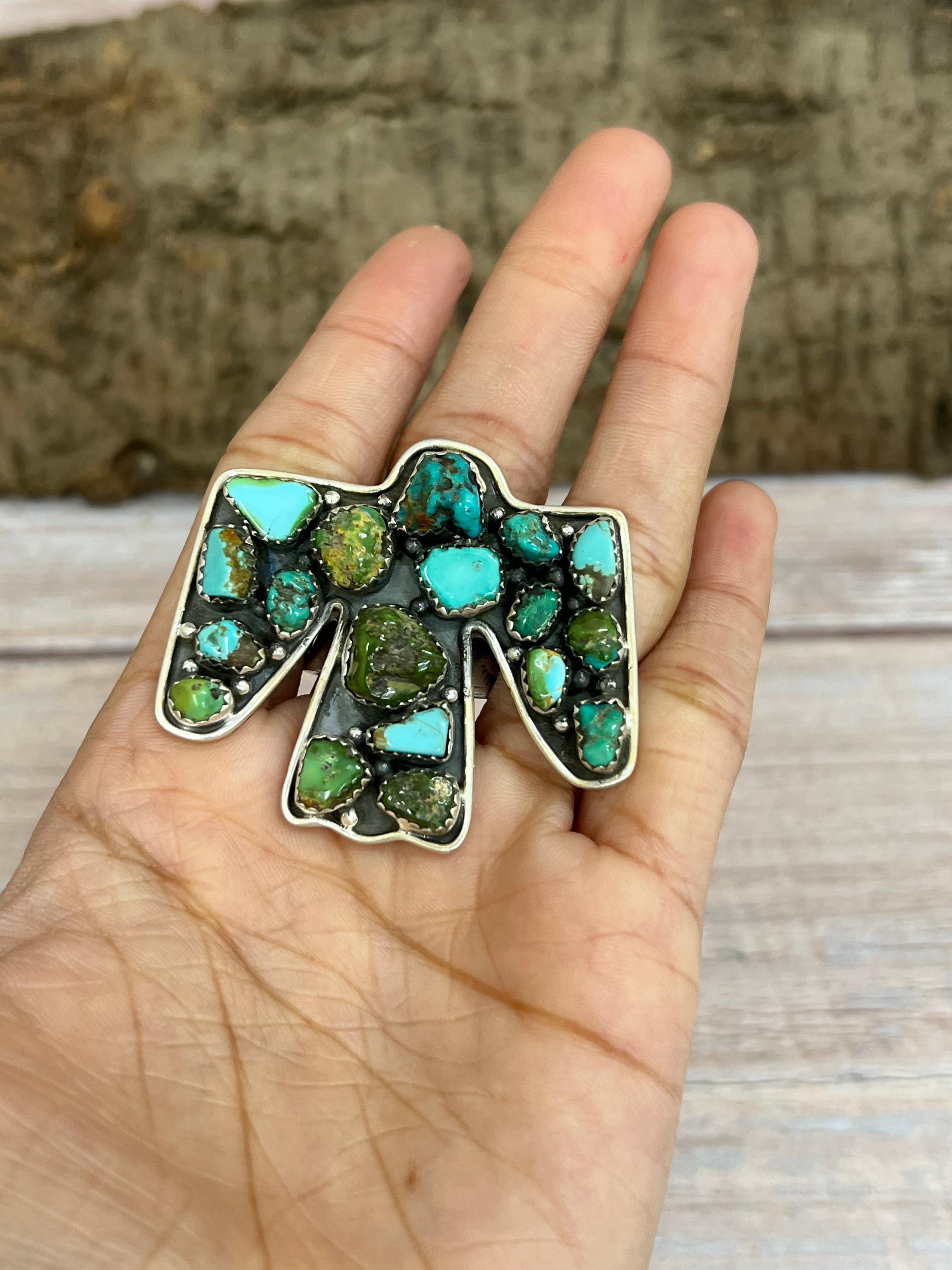 Handmade Sterling Silver Sonoran Mountain Turquoise Thunder Bird Adjustable Ring with Signed Nizhoni