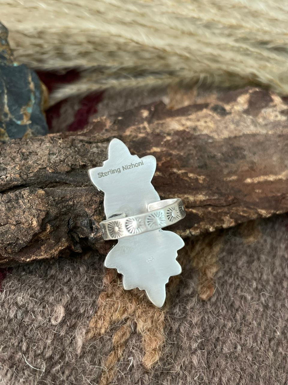 Handmade Sterling Silver Wild Horse Magnesite with Kingman Turquoise Adjustable Ring "Signed Nizhoni"