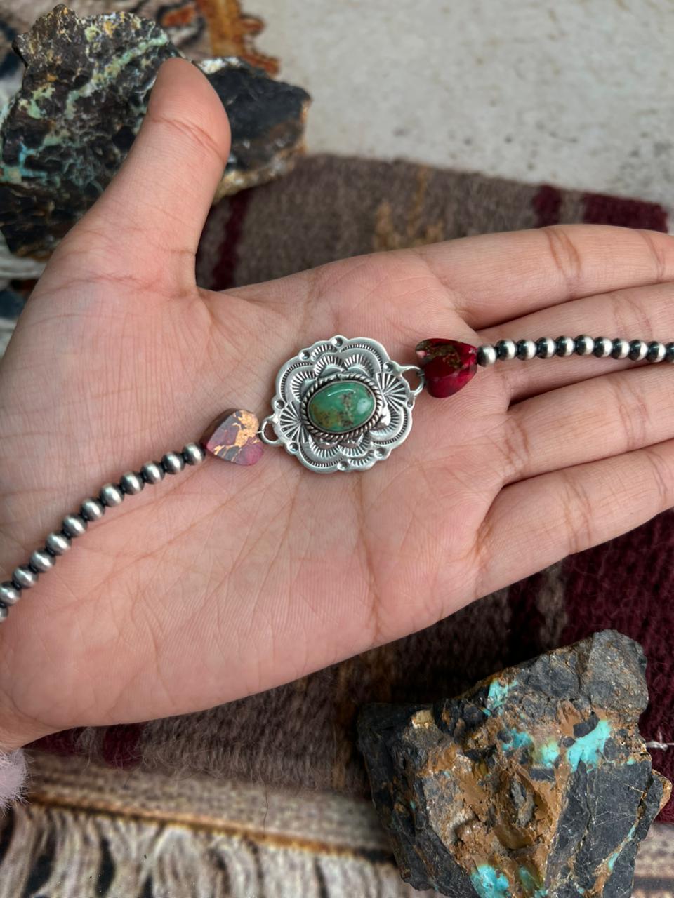 Handmade Sterling Silver Dahlia Rose with Emerald Valley Turquoise Beaded Bracelet "Signed Nizhoni"