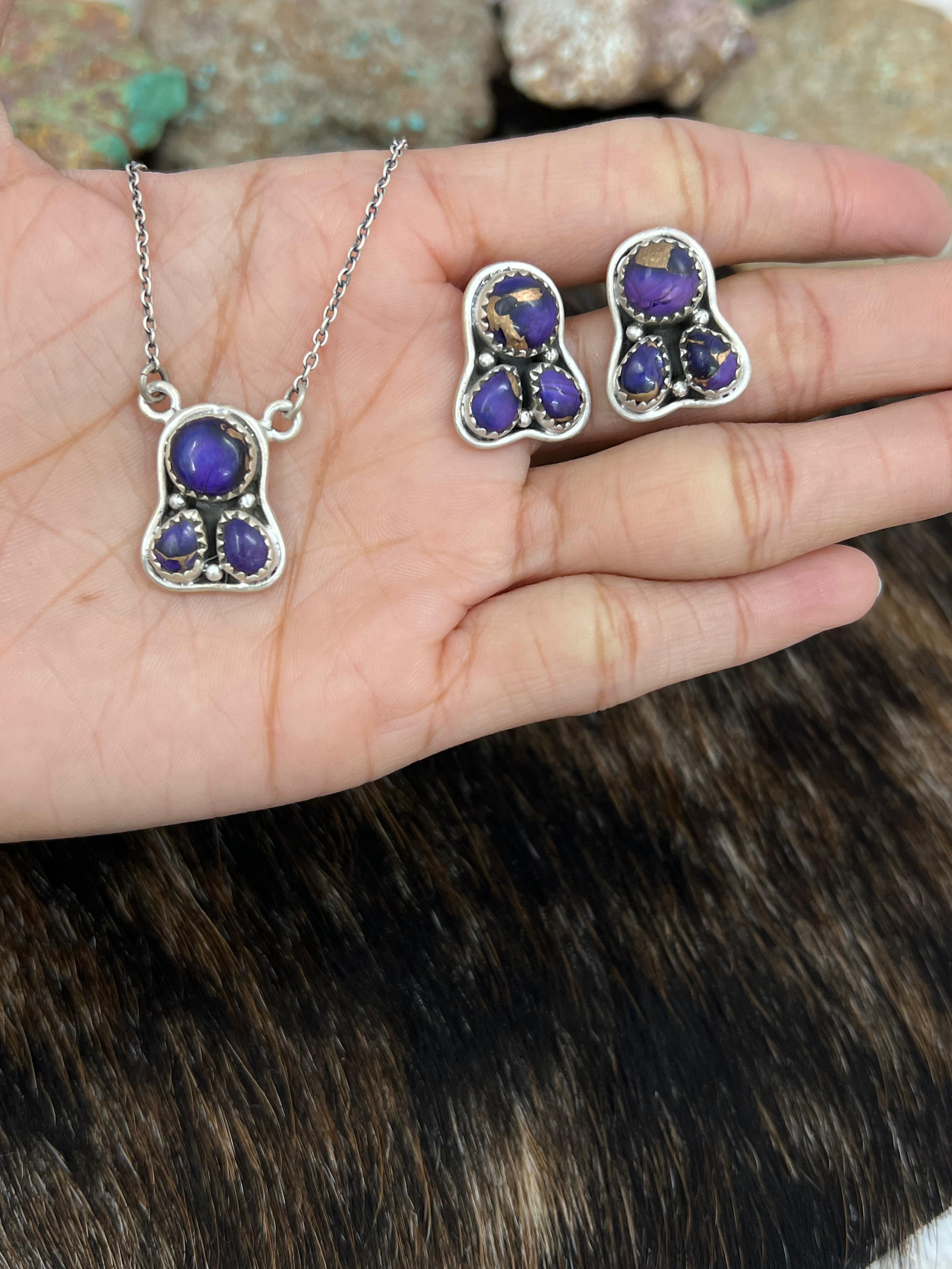 Handmade Sterling Silver Grape Dahlia Necklace Earrings Set, Signed Nizhoni
