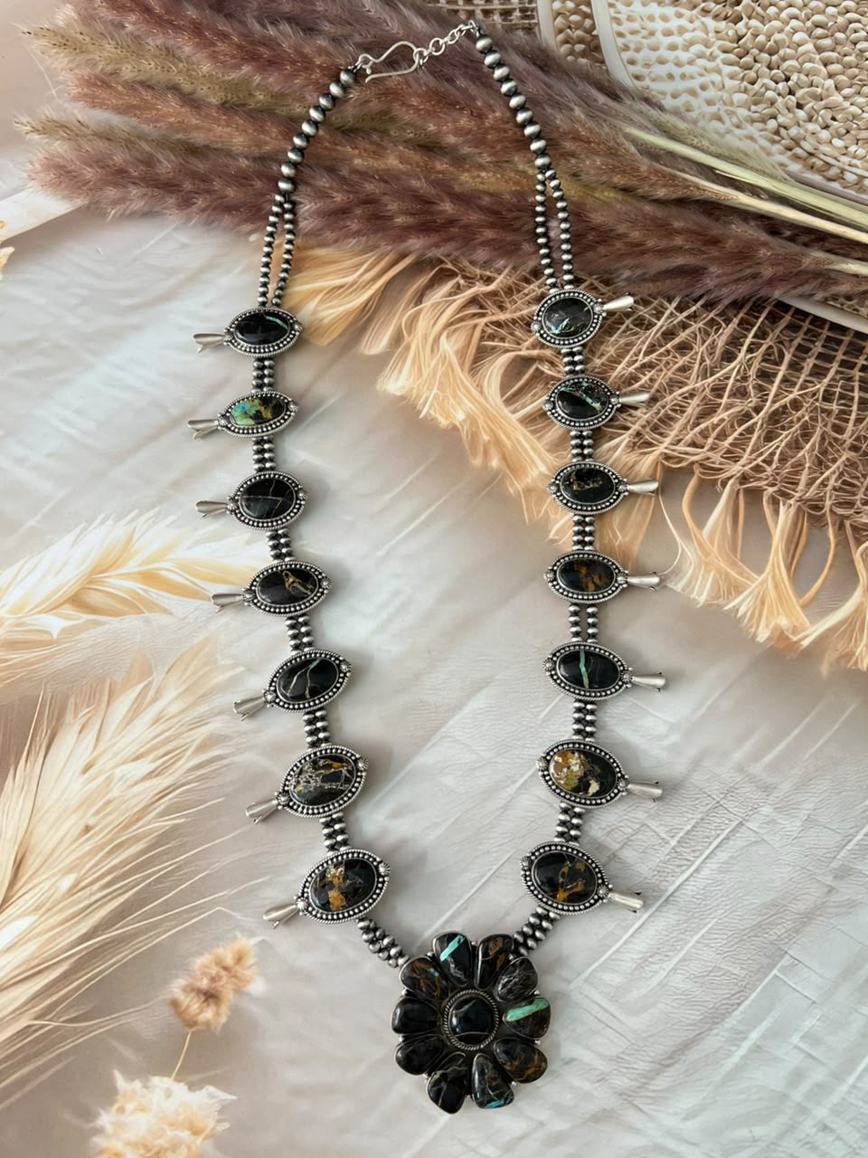 Handmade Sterling Silver Blackjack Turquoise Collection: Squash Blossom Beaded Necklace Signed Nizhoni
