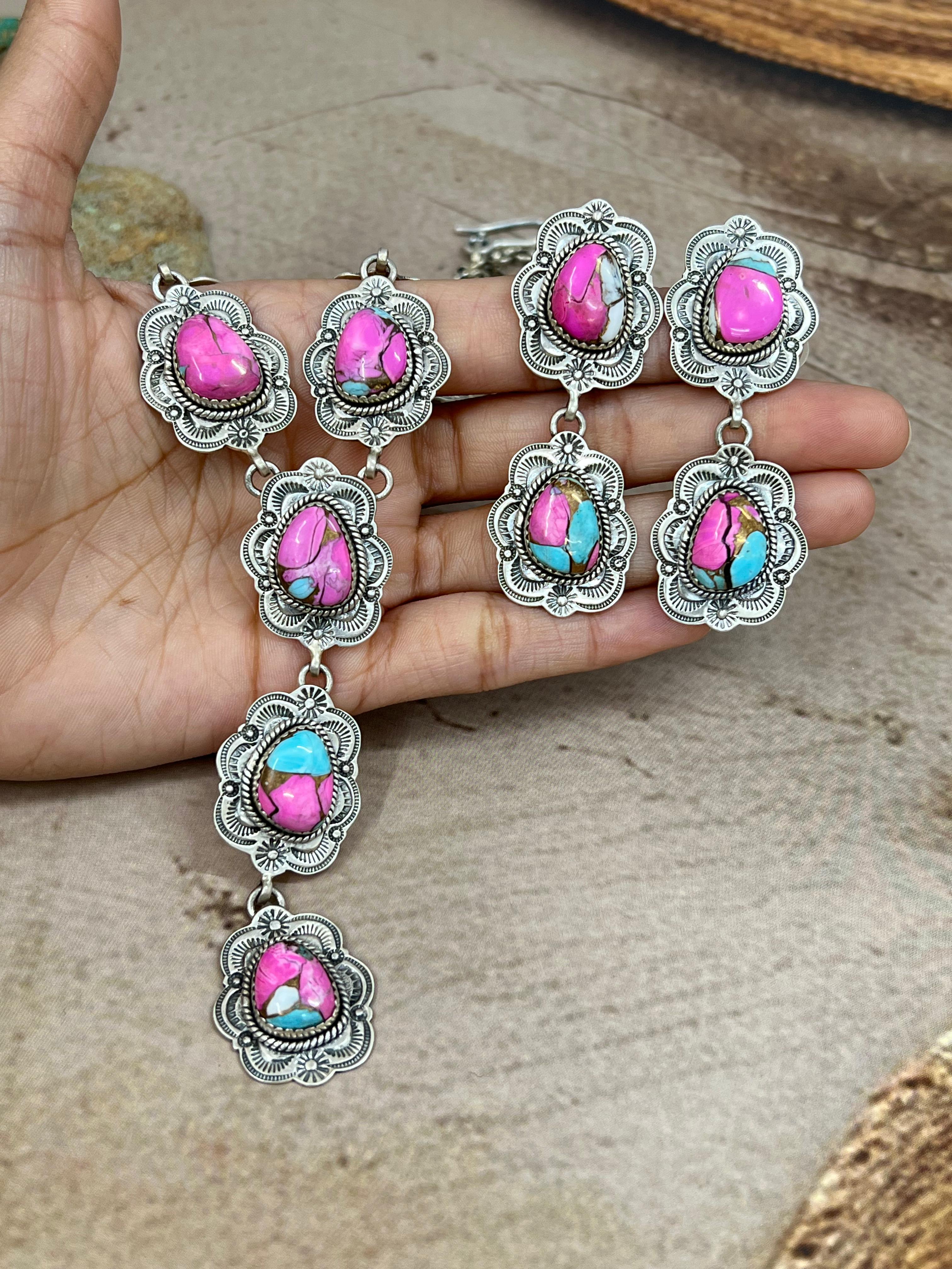 Handmade Sterling Silver Cotton Candy Turquoise Necklace Earrings Set, Signed Nizhoni