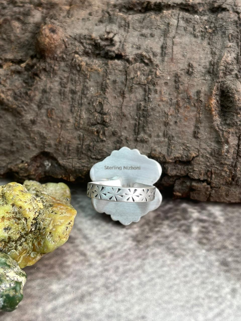 Handmade Sterling Silver Kingman Turquoise Adjustable Ring "Signed Nizhoni"