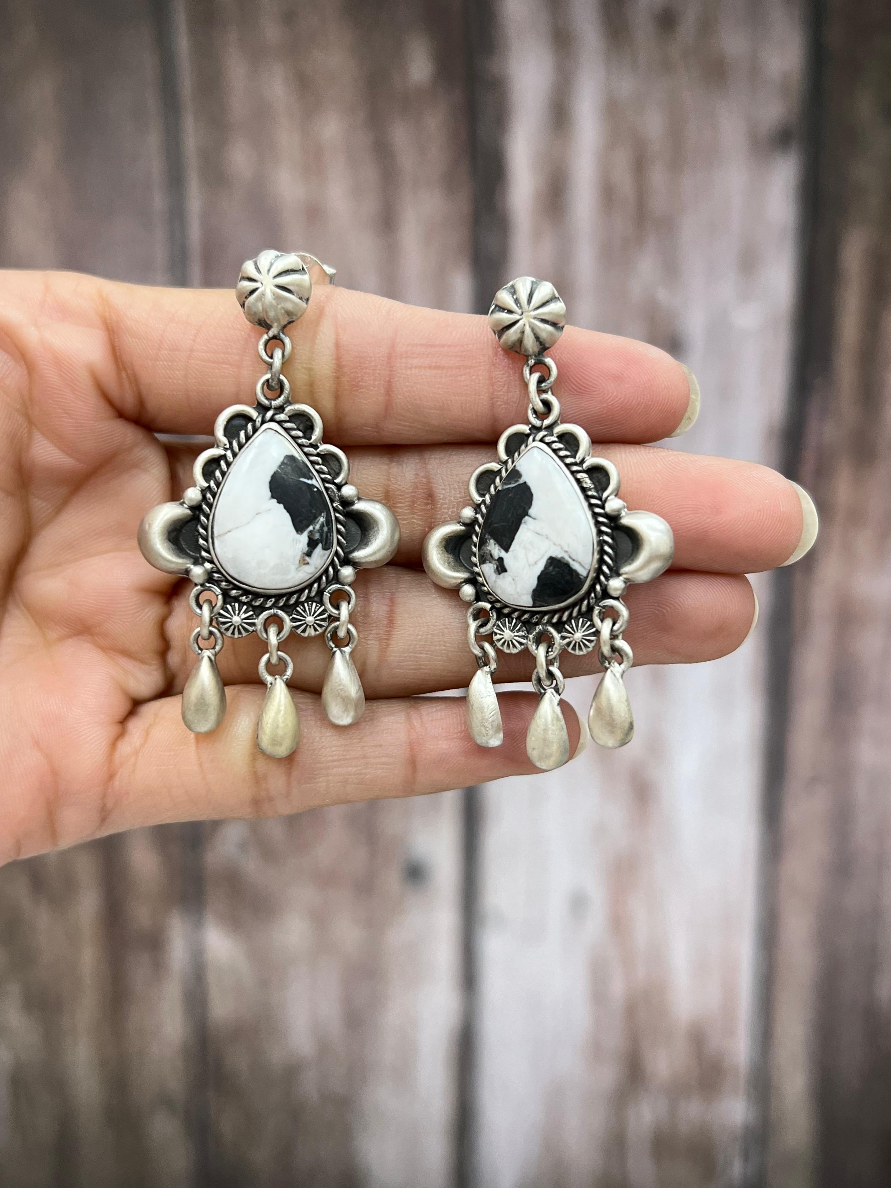 Handmade Sterling Silver White Buffalo Turquoise, Honey Dahlia Dangle Earrings with Signed Nizhoni (3)