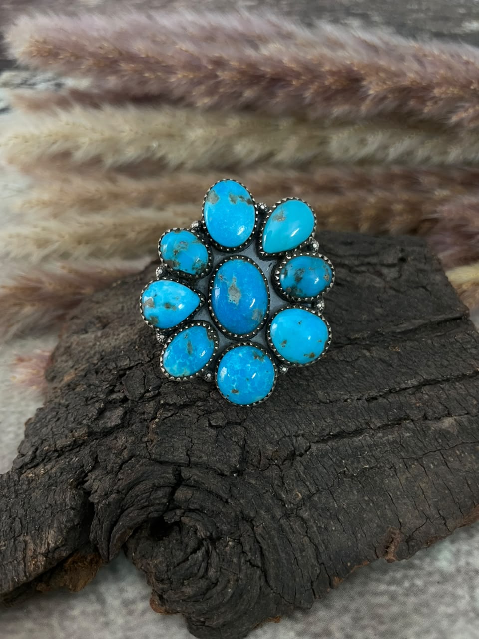 Handmade Sterling Silver Blue Kingman Turquoise Adjustable Ring Signed Nizhoni