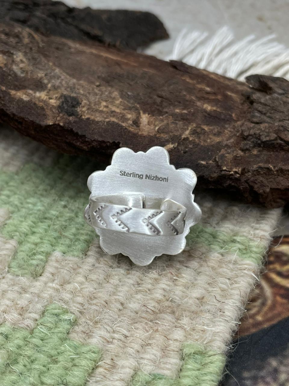 Handmade Sterling Silver Grape Dahlia with Kingman Turquoise Adjustable Ring "Signed Nizhoni"