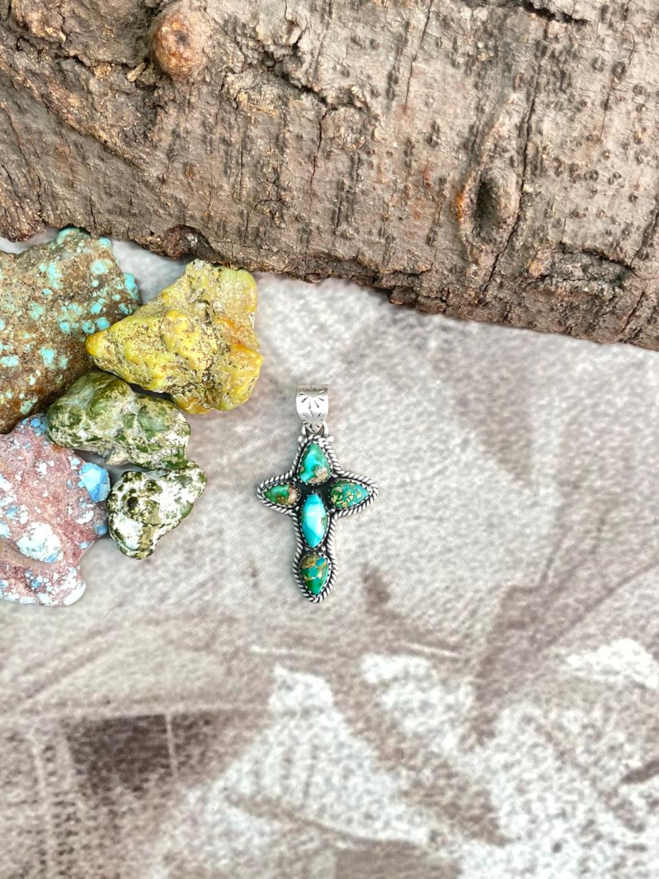 Handmade Sterling Silver Sonoran Mountain Turquoise Cross Pendant "Signed Nizhoni"