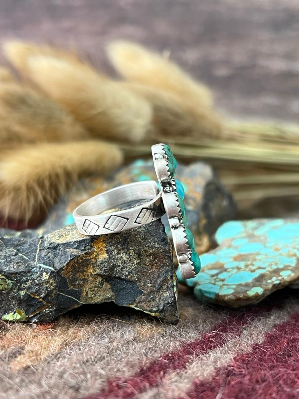 Handmade Sterling Silver Emerald Valley with Santa Maria Turquoise Adjusatble Ring "Signed Nizhoni"