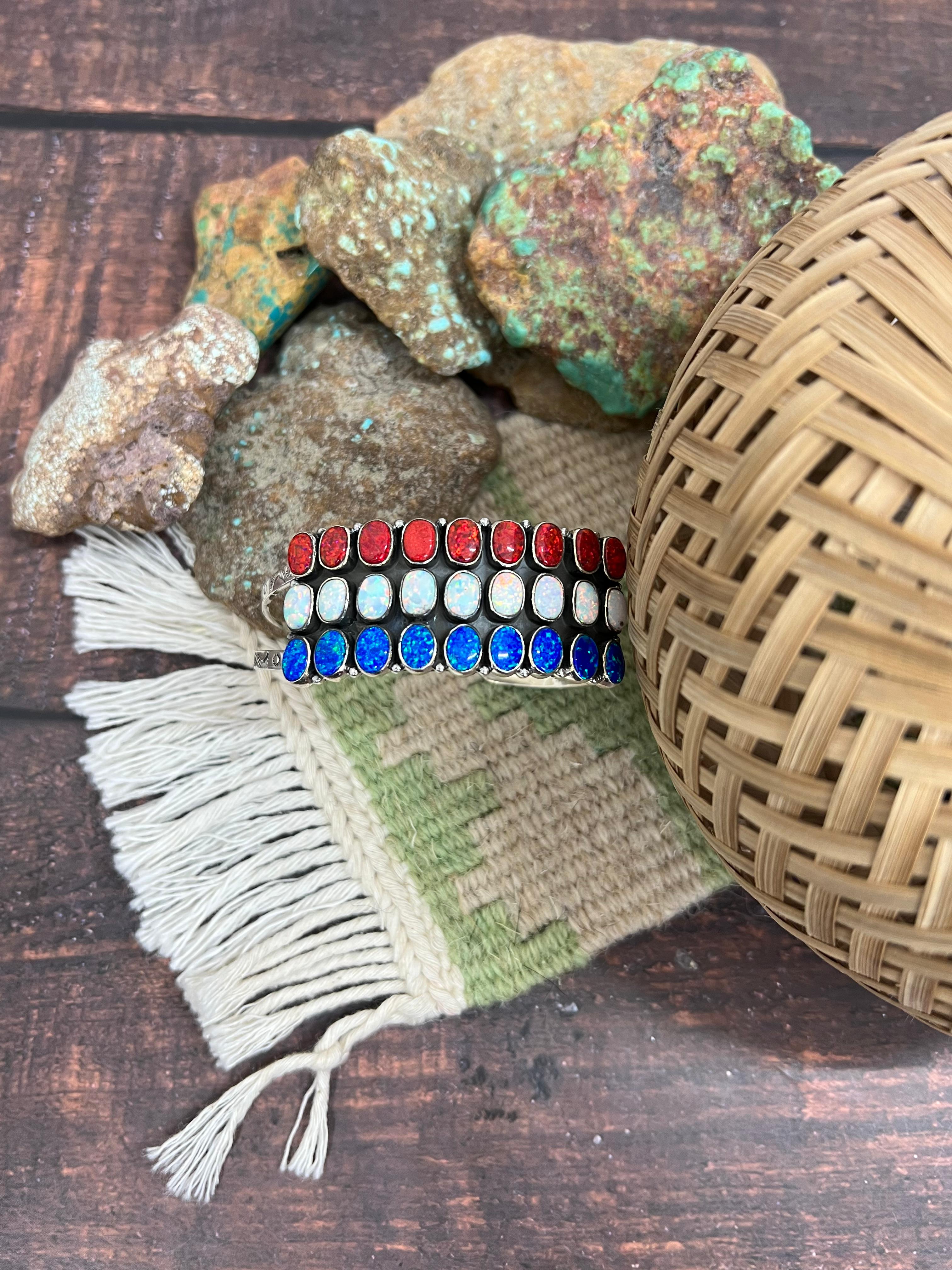 ** 4TH OF JULY ** Handmade Sterling Silver Synthetic Opal Cuff Bracelet with Signed Nizhoni