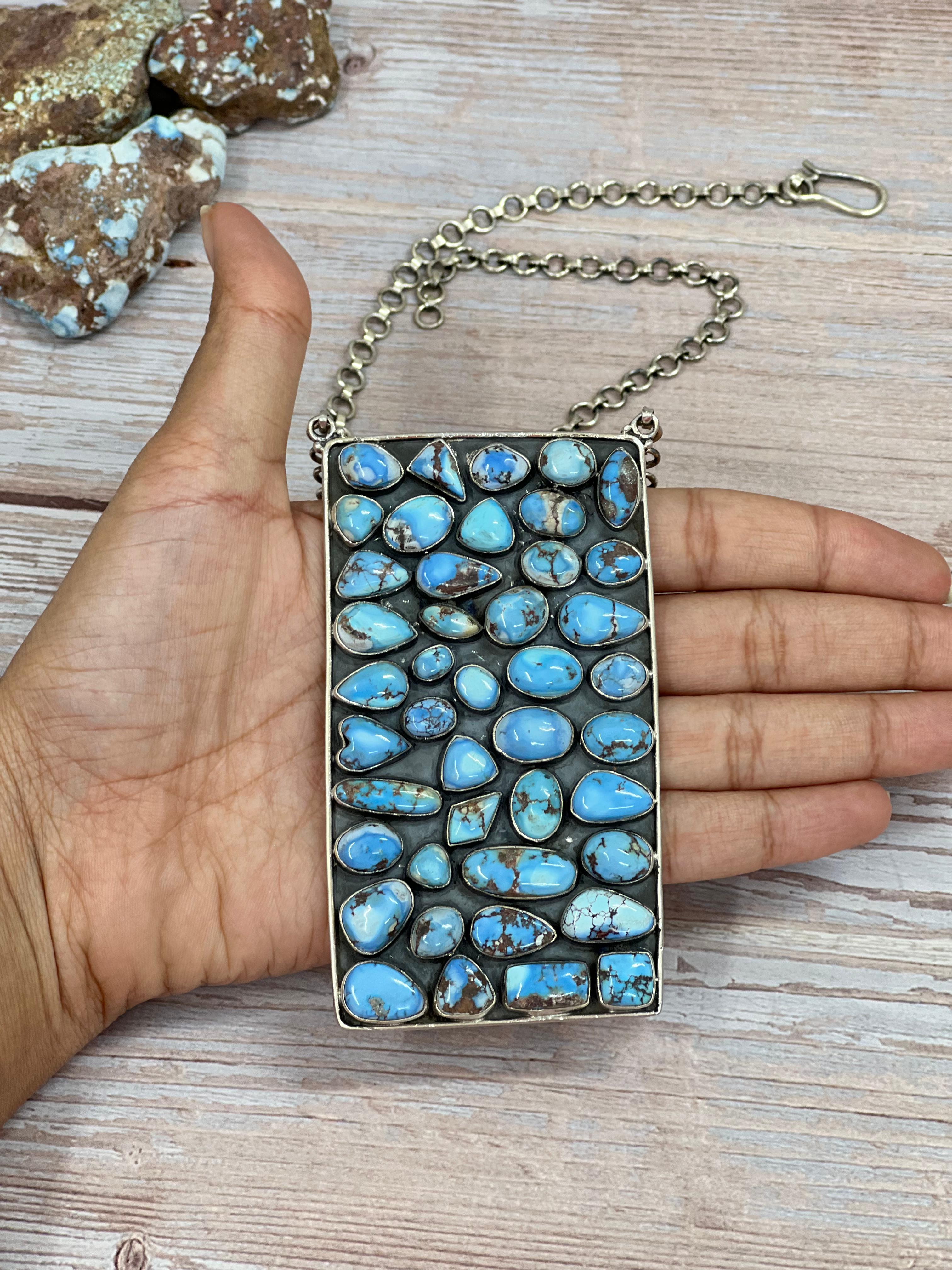 Handmade Sterling Silver Golden Hills Turquoise Necklace with Signed Nizhoni