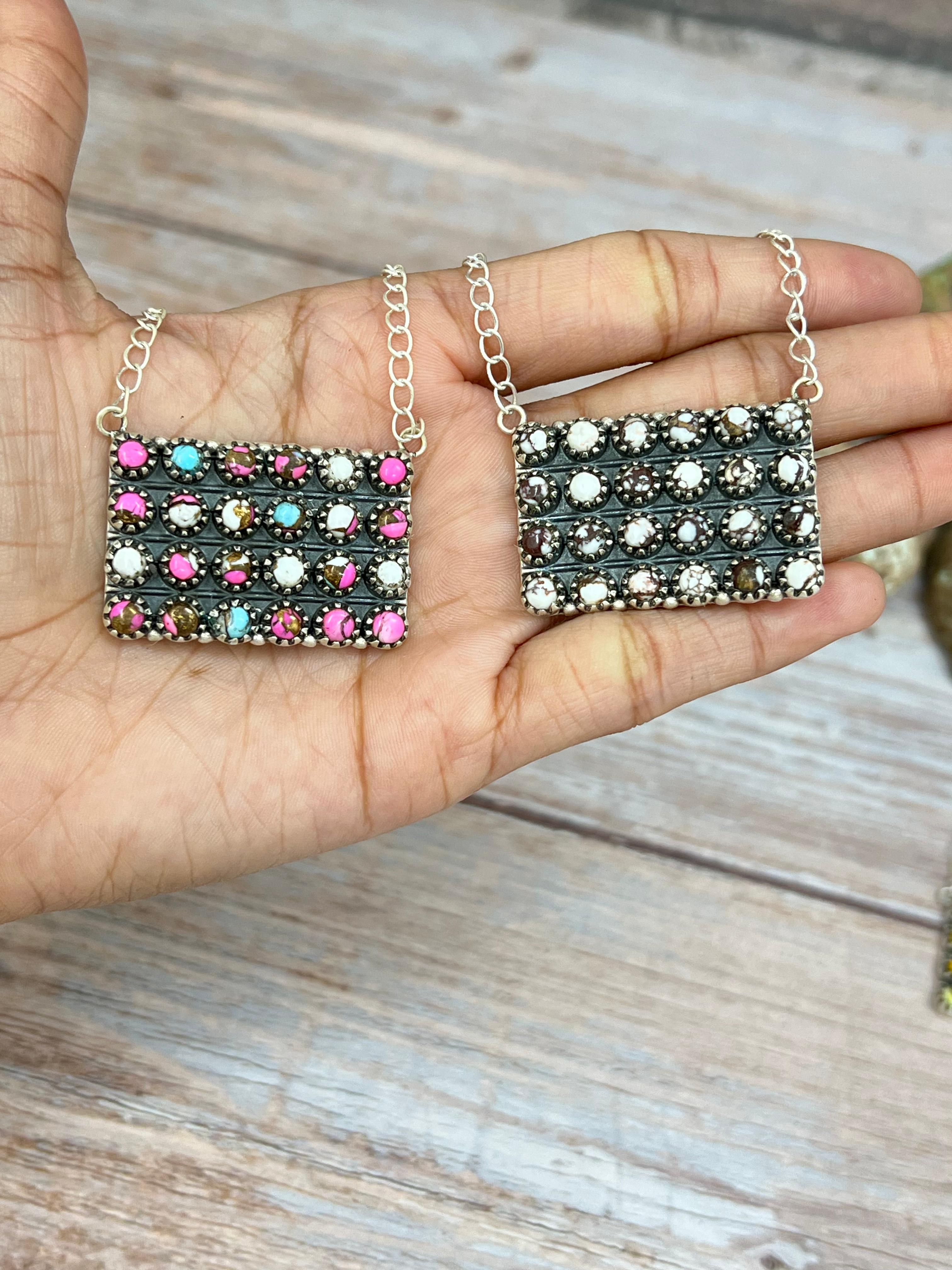 Handmade Sterling Silver Multi Stone Necklace with Signed Nizhoni