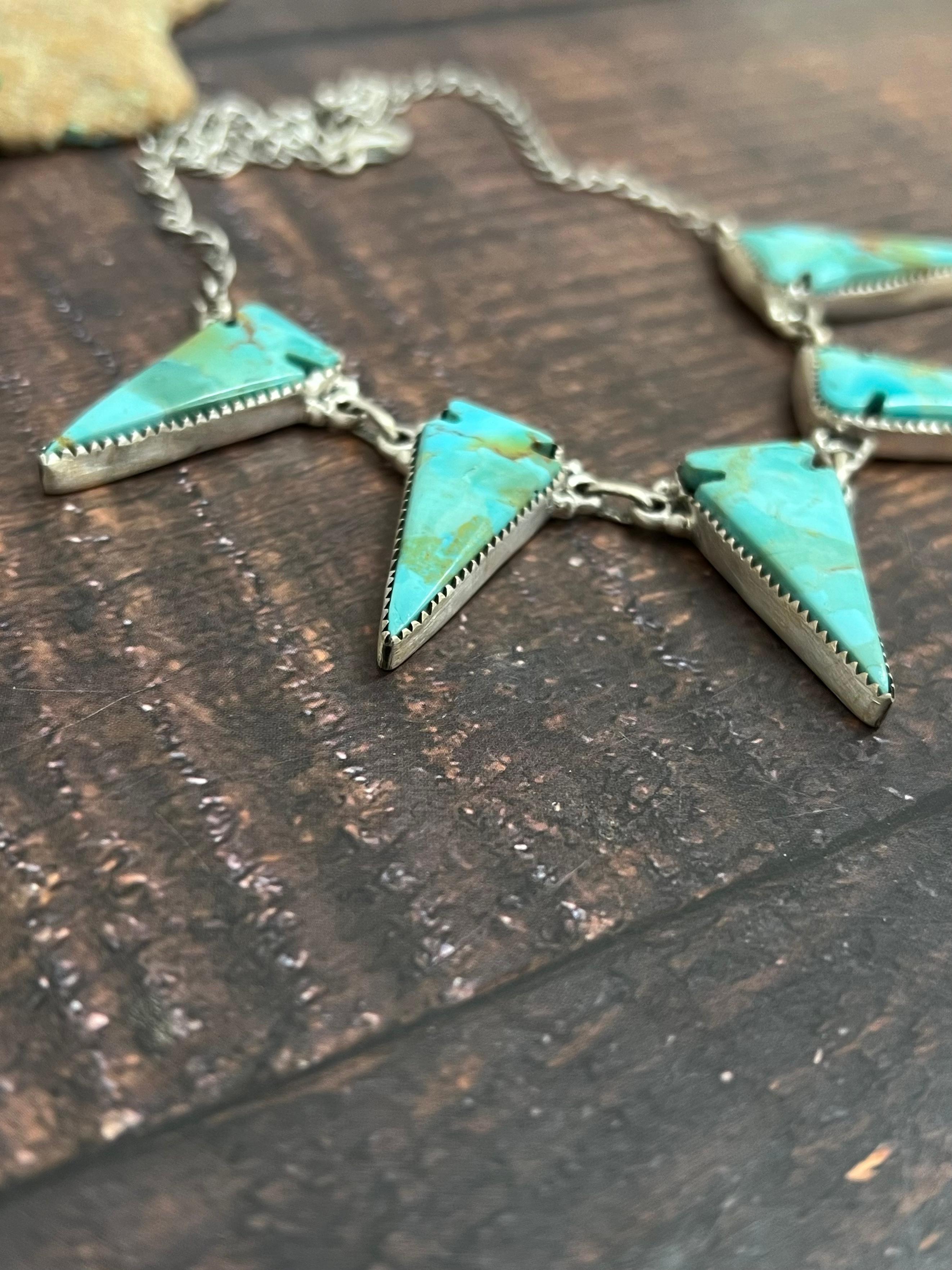 Handmade Sterling Silver Kingman Turquoise Arrow Necklace with Signed Nizhoni