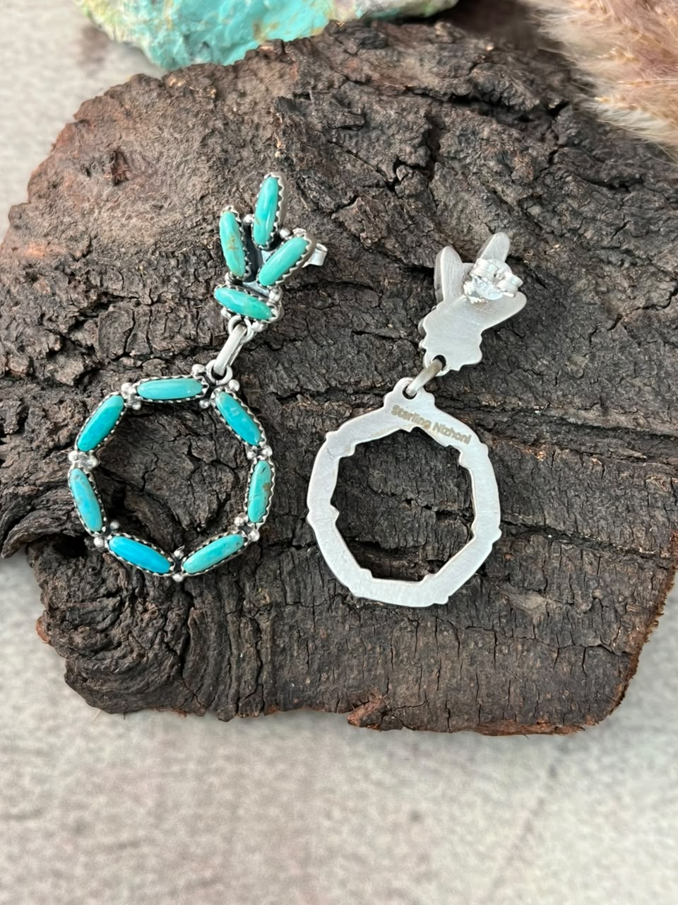 Handmade Sterling Silver Kingman Turquoise Post Dangle Earrings Signed Nizhoni