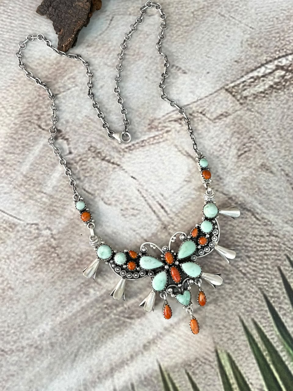 Handmade Sterling Silver Orange Mojave with Paloma Turquoise Squash Blossom Necklace Signed Nizhoni