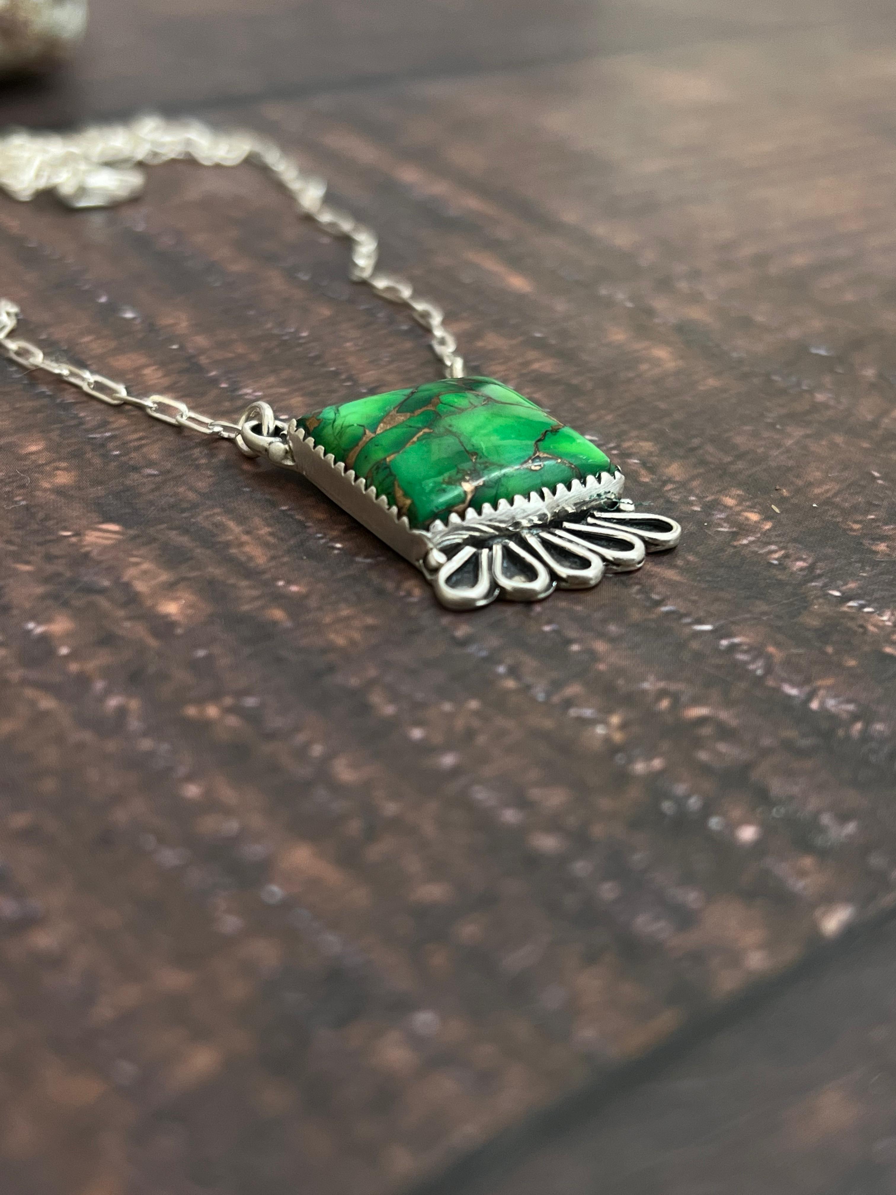 Handmade Sterling Silver Kelly Green Dahlia Necklace with Signed Nizhoni