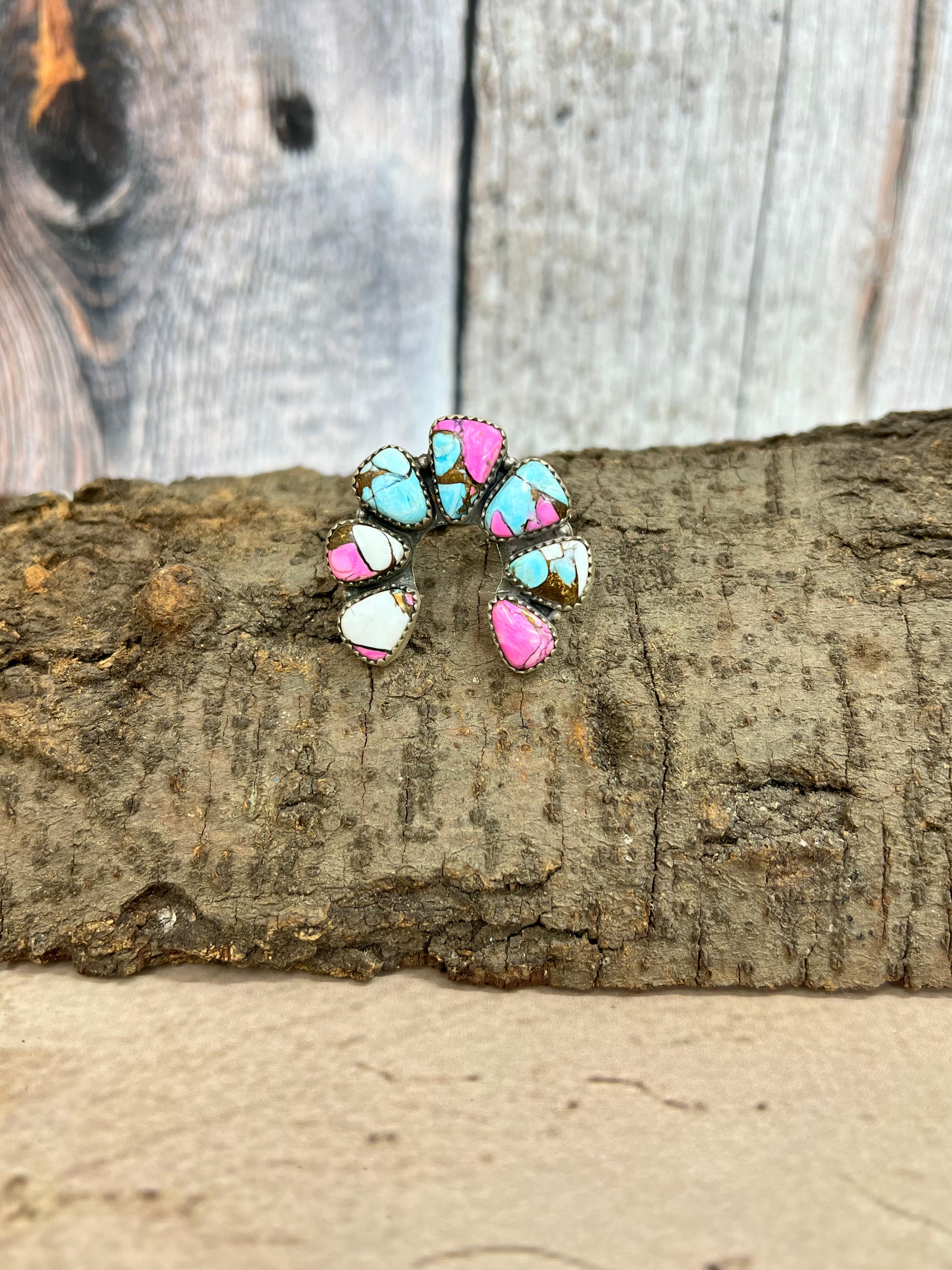 Handmade Sterling Silver Cotton Candy Turquoise Adjustable Rings with Signed Nizhoni
