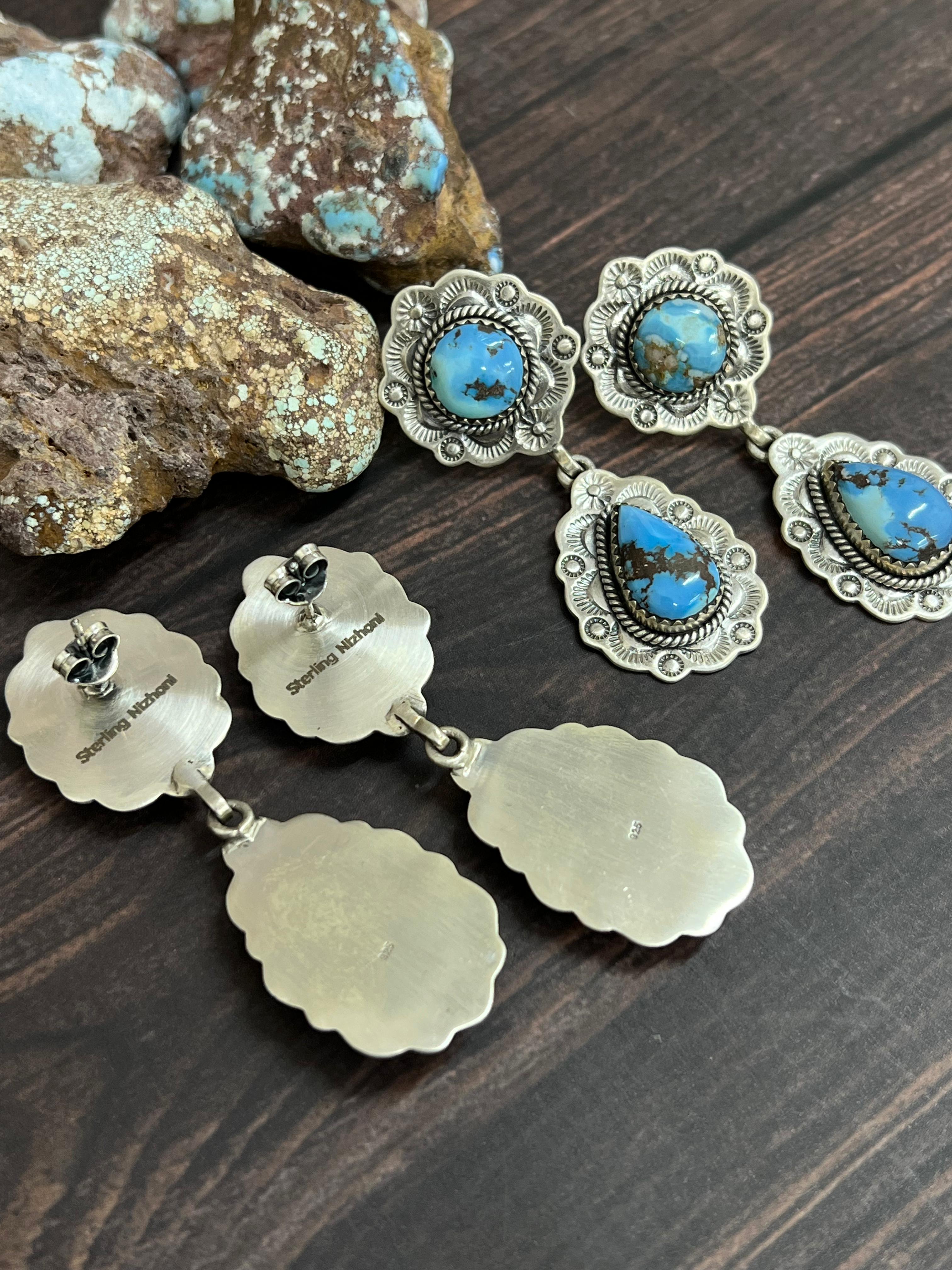 Handmade Sterling Silver Golden Hills Turquoise Post Dangle Earrings with Signed Nizhoni