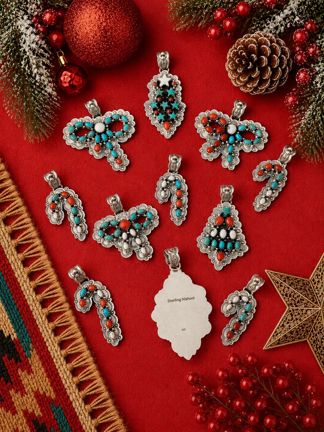 Handmade Sterling Silver Kingman Turquoise with Coral and White Buffalo Christmas Ornaments Collection: Pendant Signed Nizhoni (5)