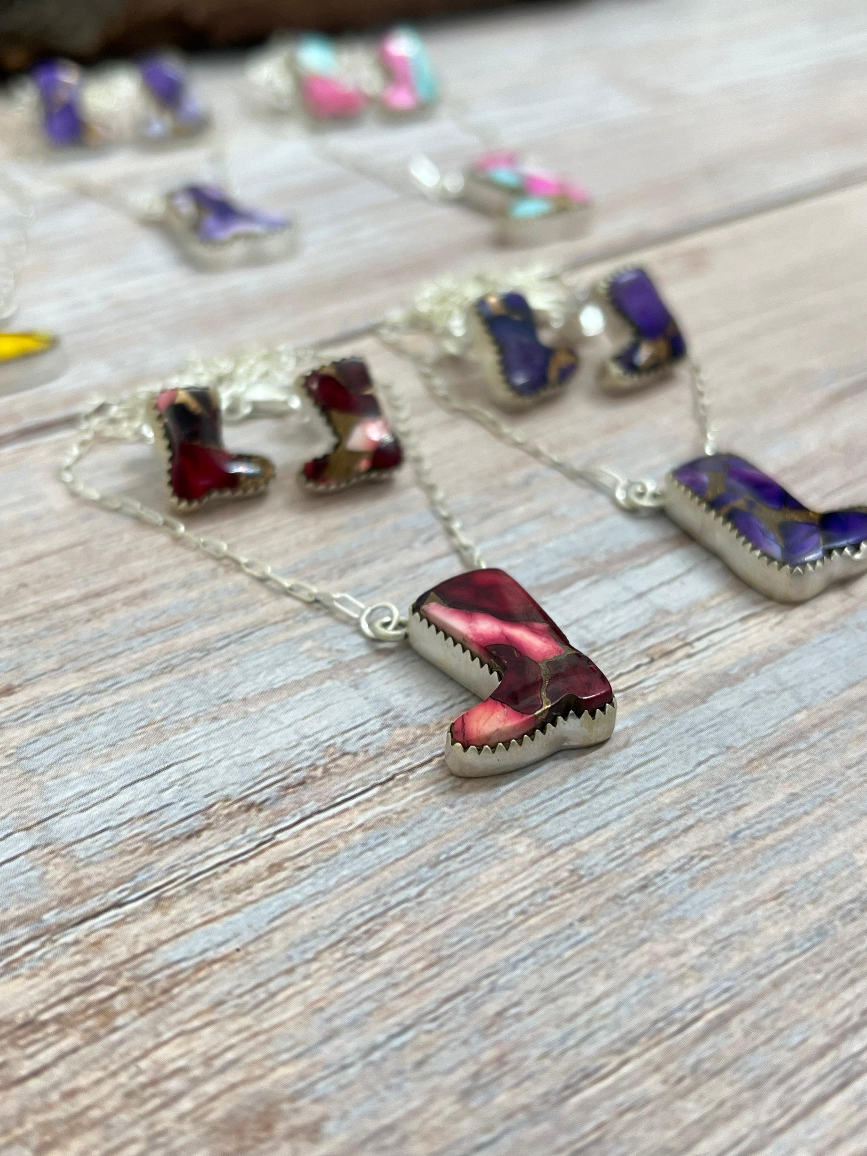 Handmade Sterling Silver Multi Stone Boot Necklace Earrings Set Signed Nizhoni