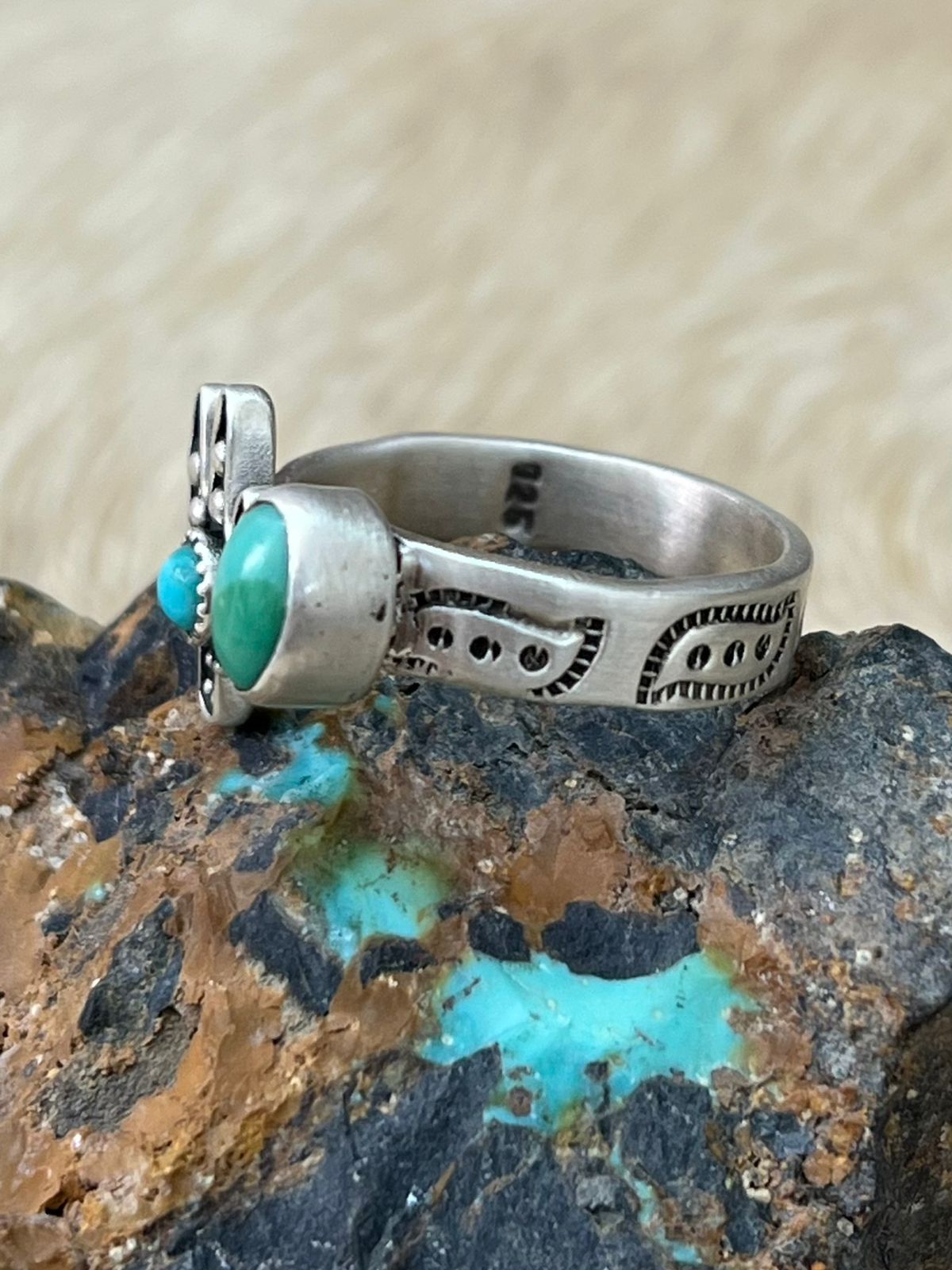 Handmade Sterling Silver Kingman Turquoise Adjustable Cactus Ring "Signed Nizhoni"