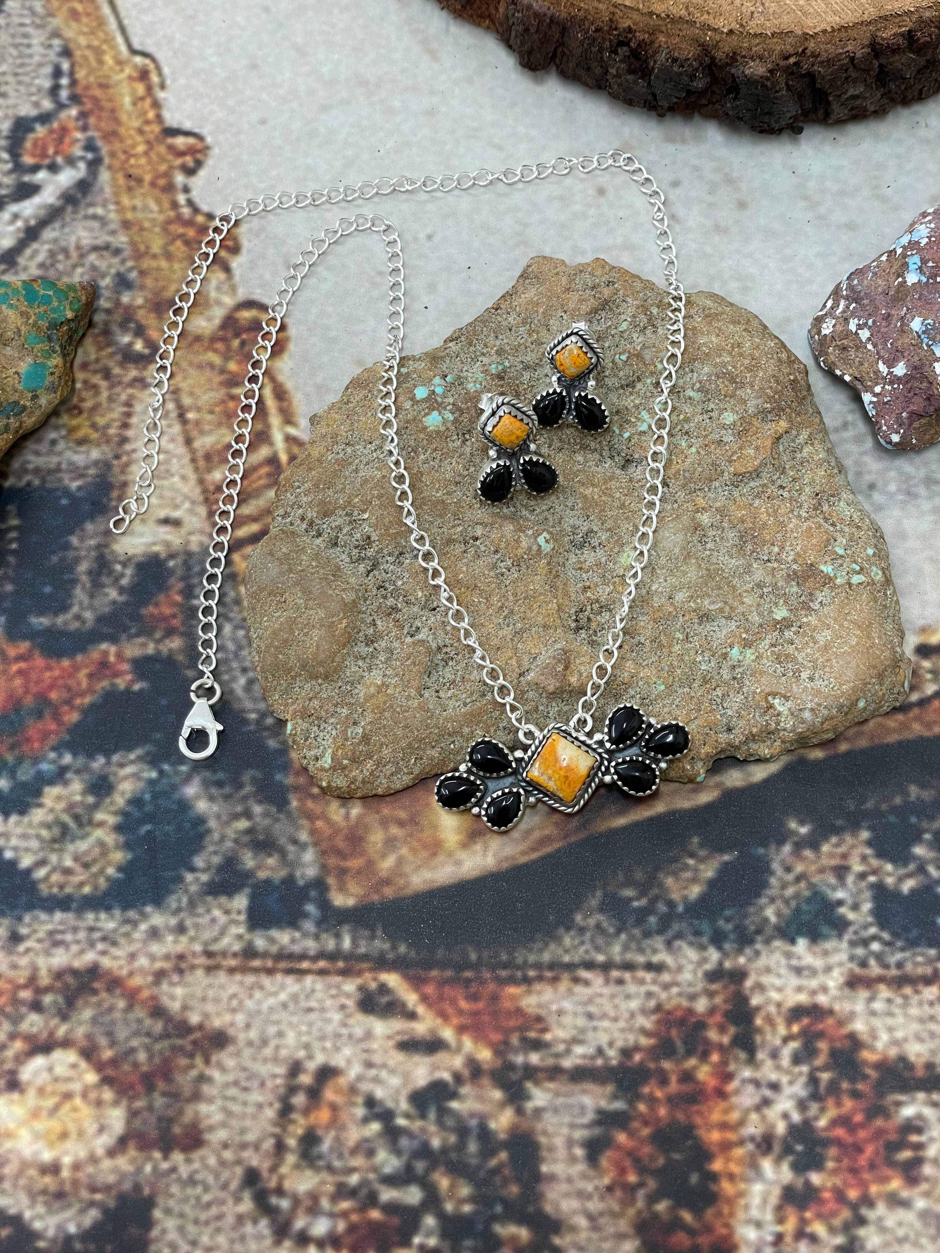 "Halloween Collection" Handmade Sterling Silver Black Onyx, Bumblebee Necklace with Signed Nizhoni