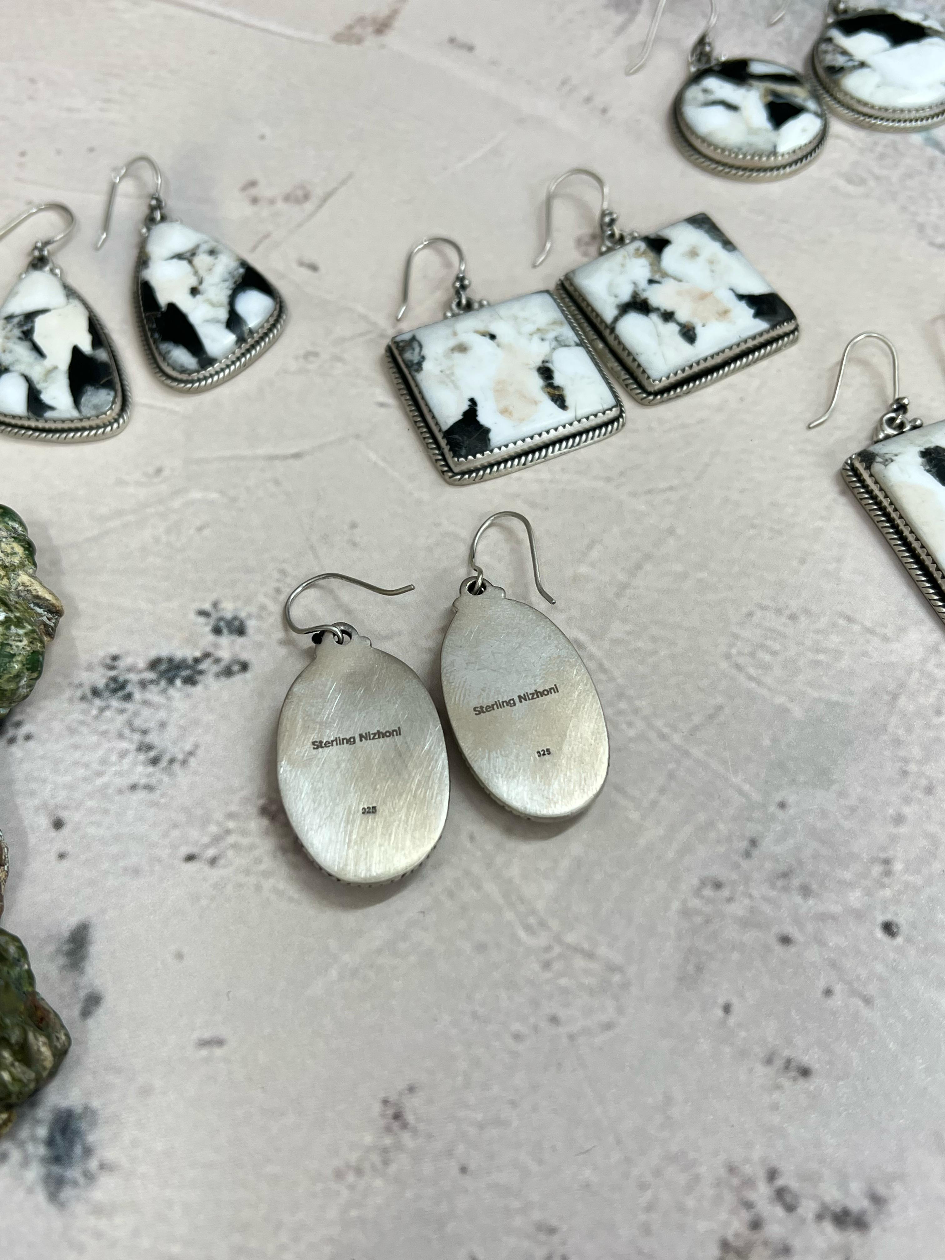Handmade Sterling Silver White Buffalo Turquoise Hook Earrings with Signed Nizhoni