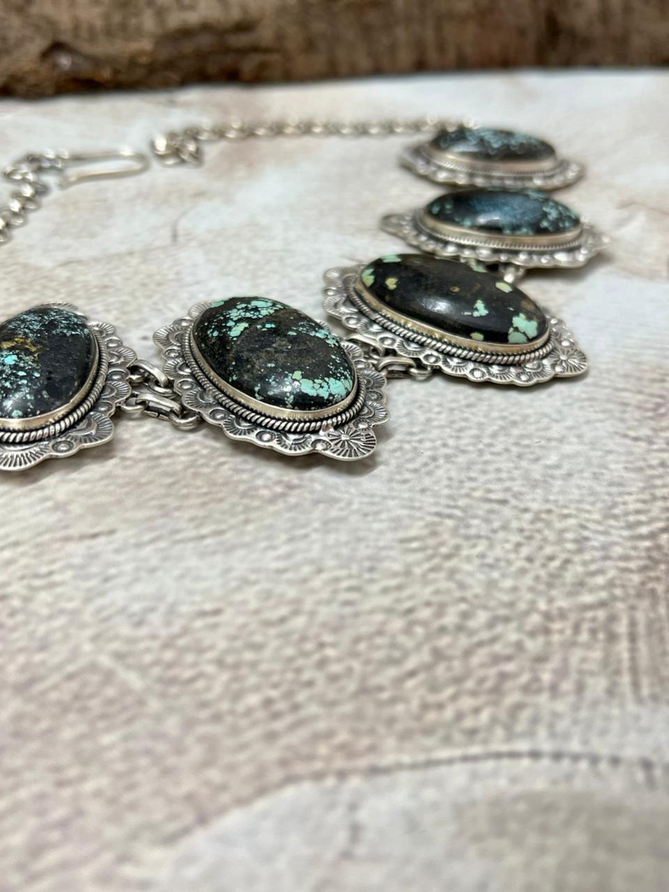 Handmade Sterling Silver Lander Turquoise Choker Necklace with Signed Nizhoni