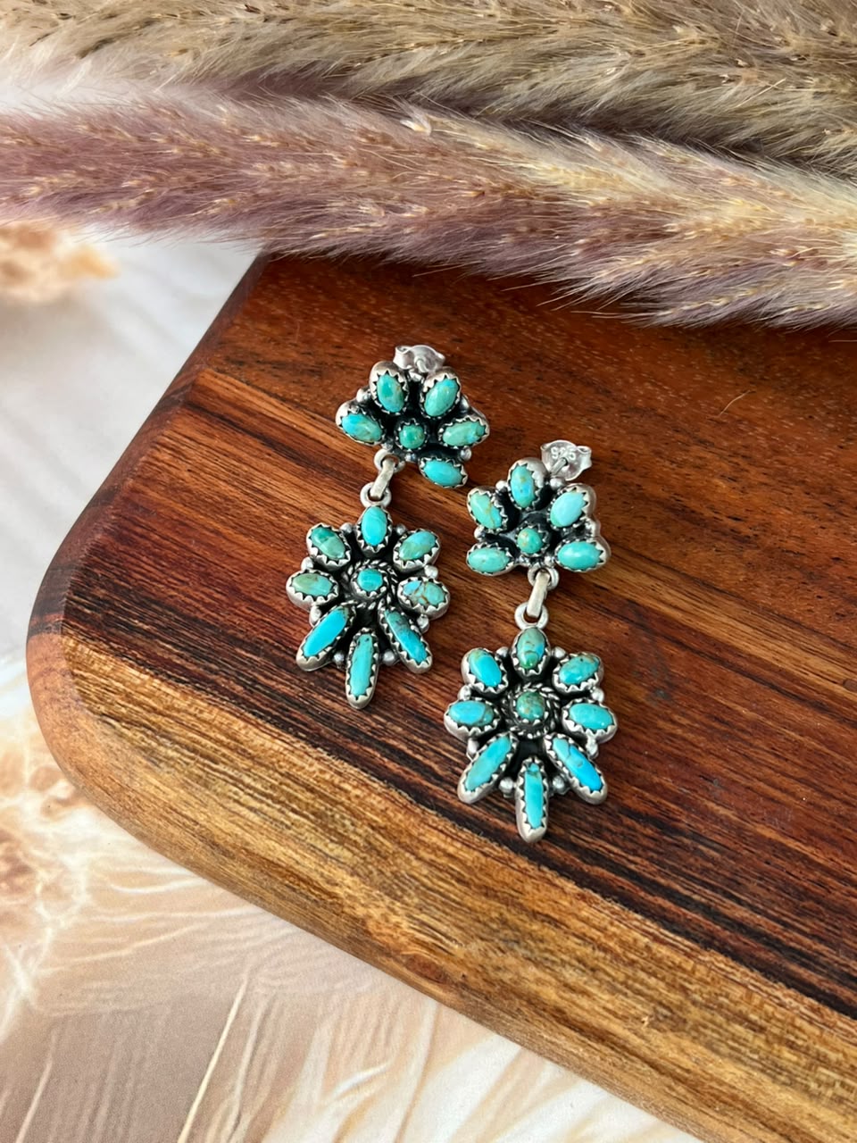 Handmade Sterling Silver Kingman Turquoise Post Dangle Earrings Signed Nizhoni