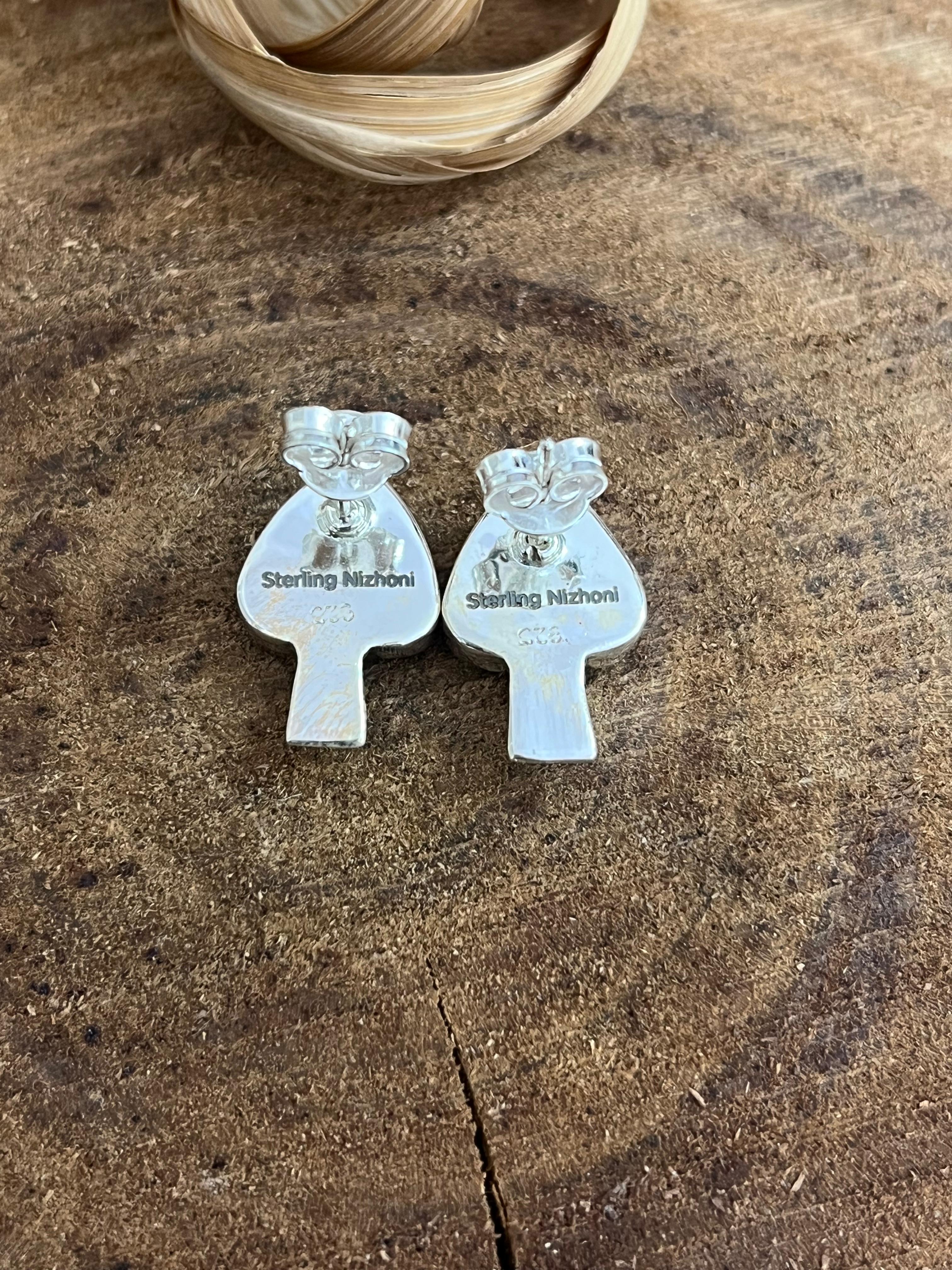 Handmade Sterling Silver Kingman Turquoise Post Studs with Signed Nizhoni