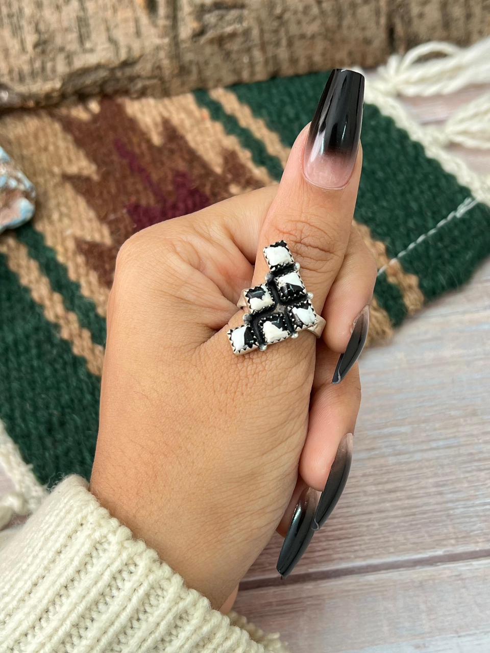 Handmade Sterling Silver White Buffalo Adjustable Ring "Signed Nizhoni"