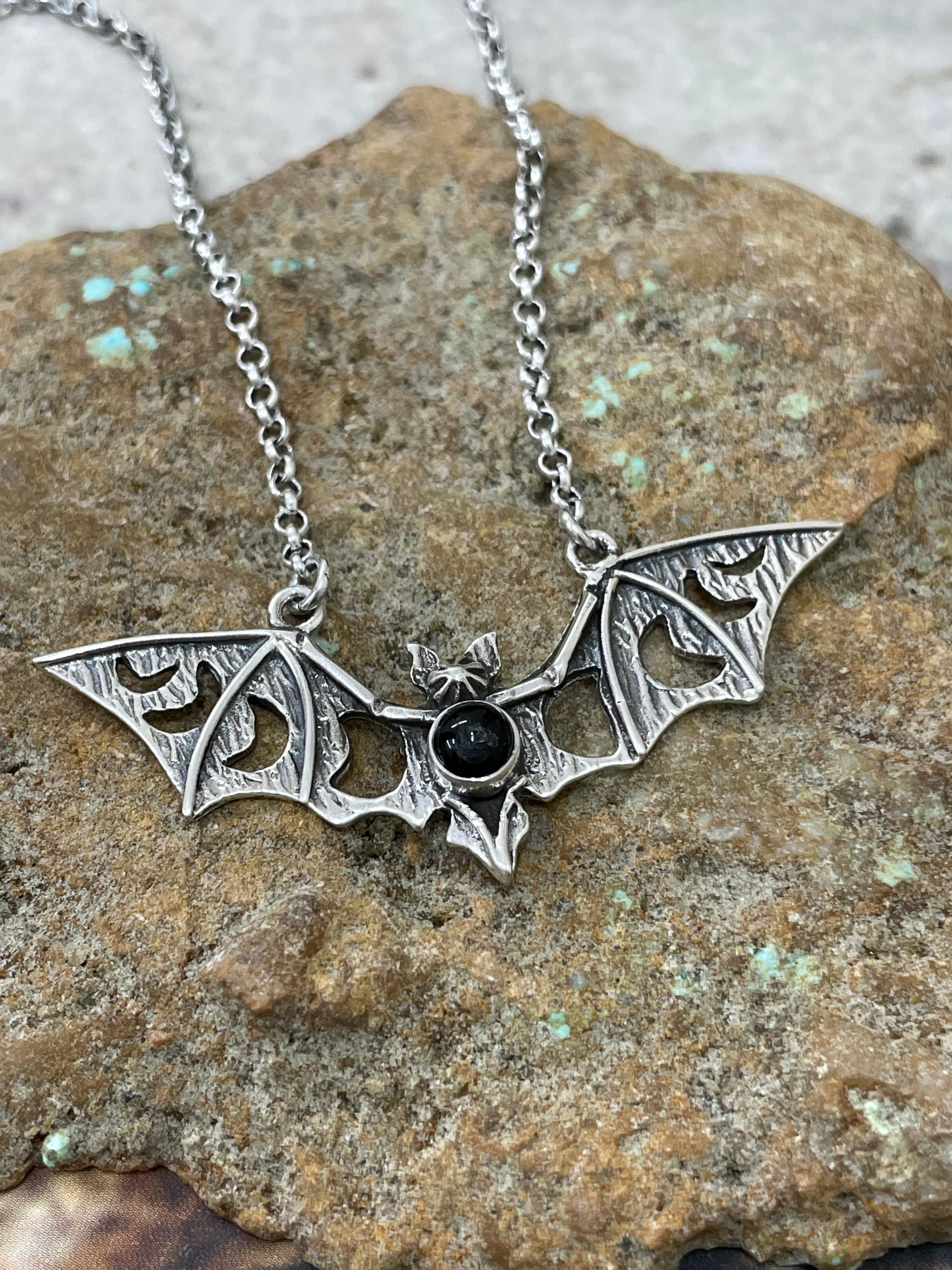"Halloween Collection" Handmade Sterling Silver Black Onyx Bat Necklace with Signed Nizhoni