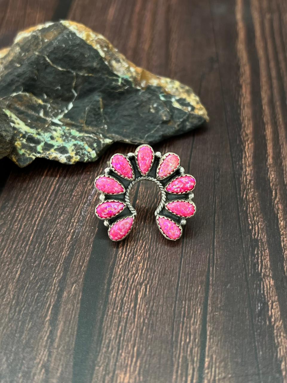Handmade Sterling Silver Hot Pink Naja Adjustable Ring "Singed Nizhoni"