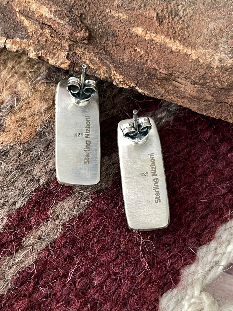 Handmade Sterling Silver Black Onyx Post Studs Earrings "Signed Nizhoni"