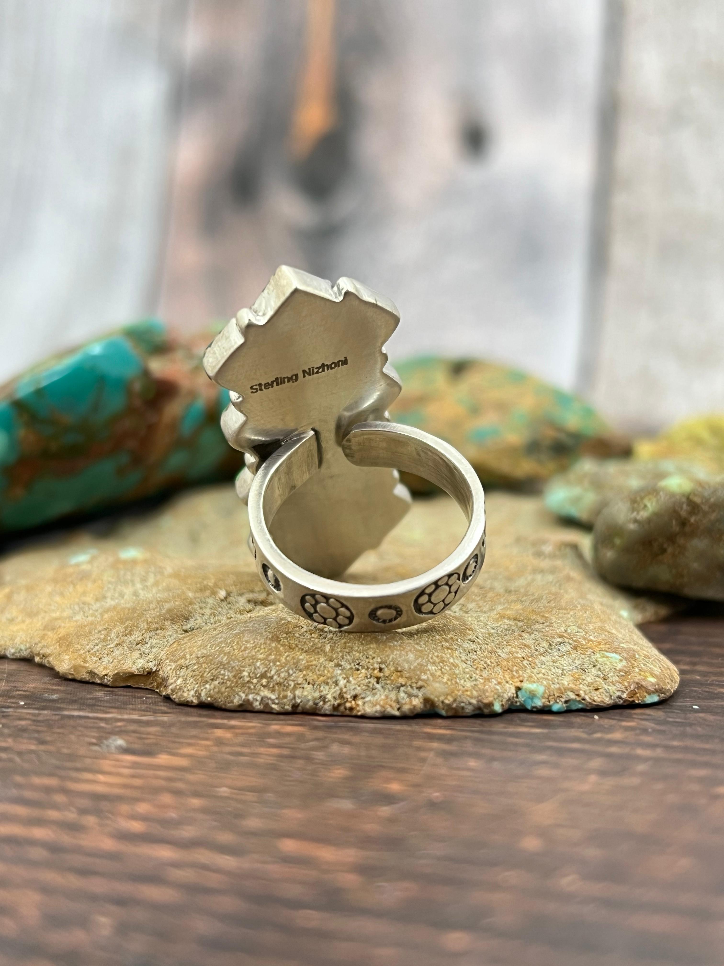 Handmade Sterling Silver Peacock Dahlia Adjustable Ring with Signed Nizhoni