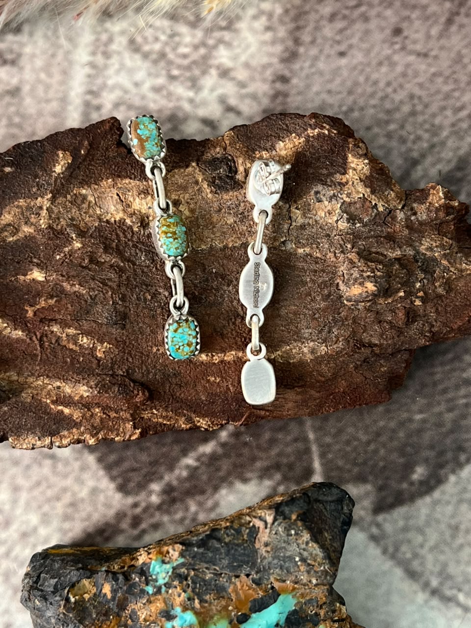 Handmade Sterling Silver Number 8 Turquoise Collection: Post Dangle Earrings Signed Nizhoni