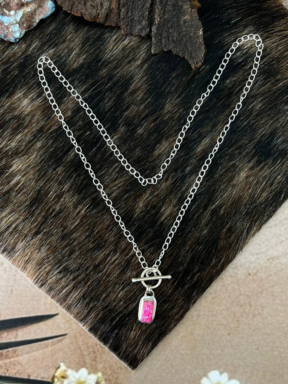 Handmade Sterling Silver Hot Pink Lariat Necklace "Signed Nizhoni" (7)