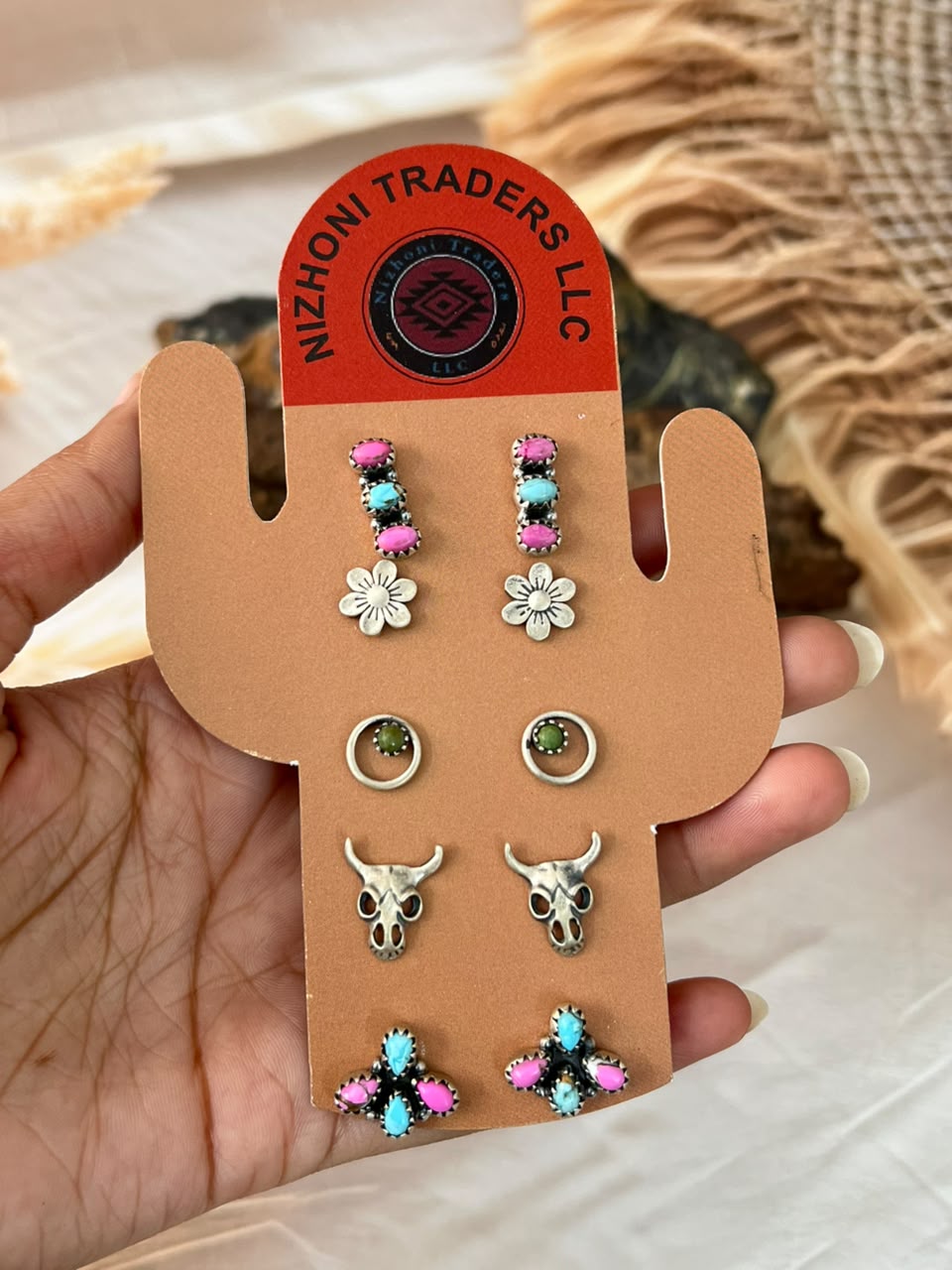 Handmade Sterling Silver Cotton Candy and Kingman Turquoise Post Studs Cards