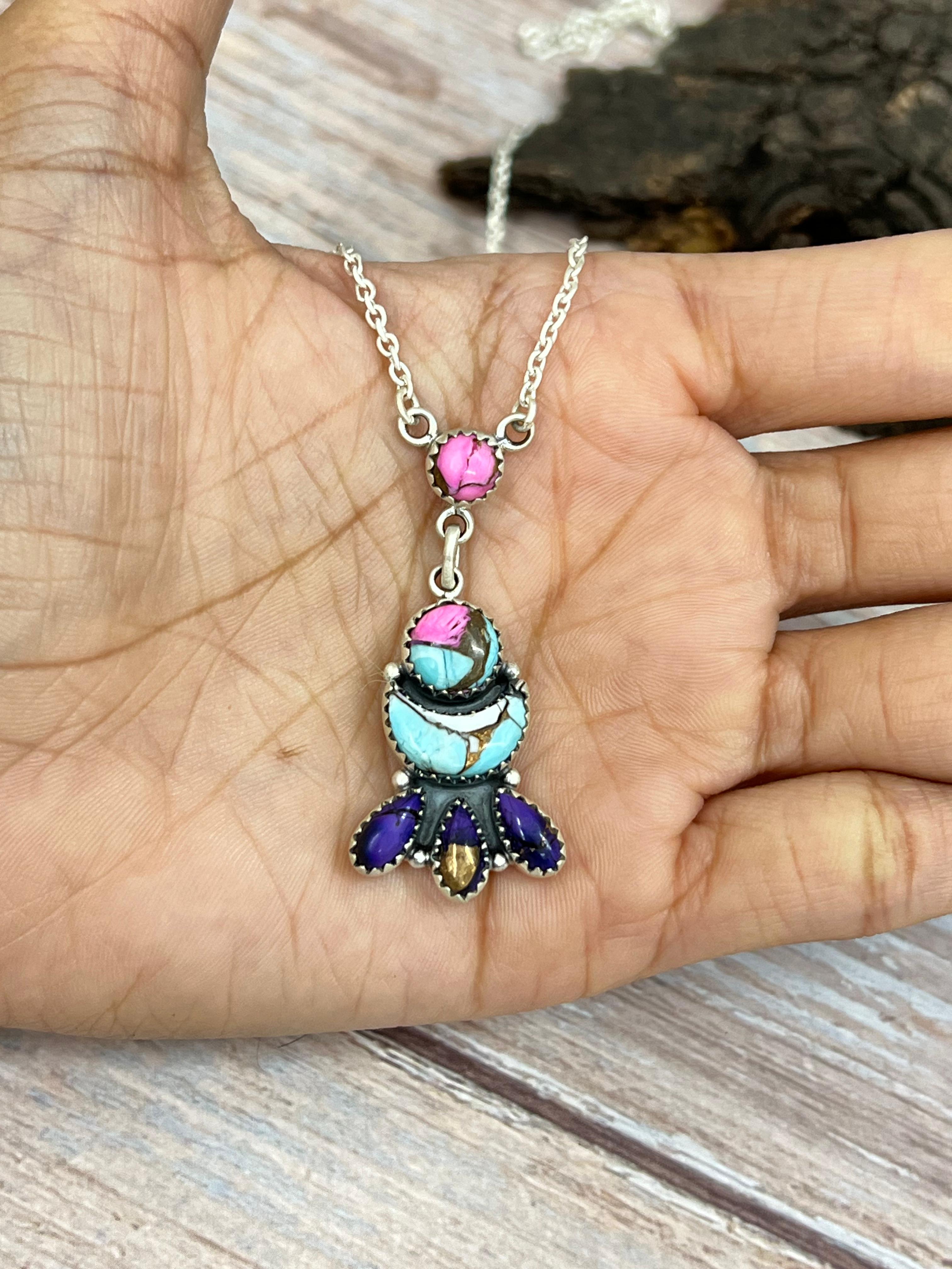 Handmade Sterling Silver Cotton Candy Turquoise Necklace with Signed Nizhoni