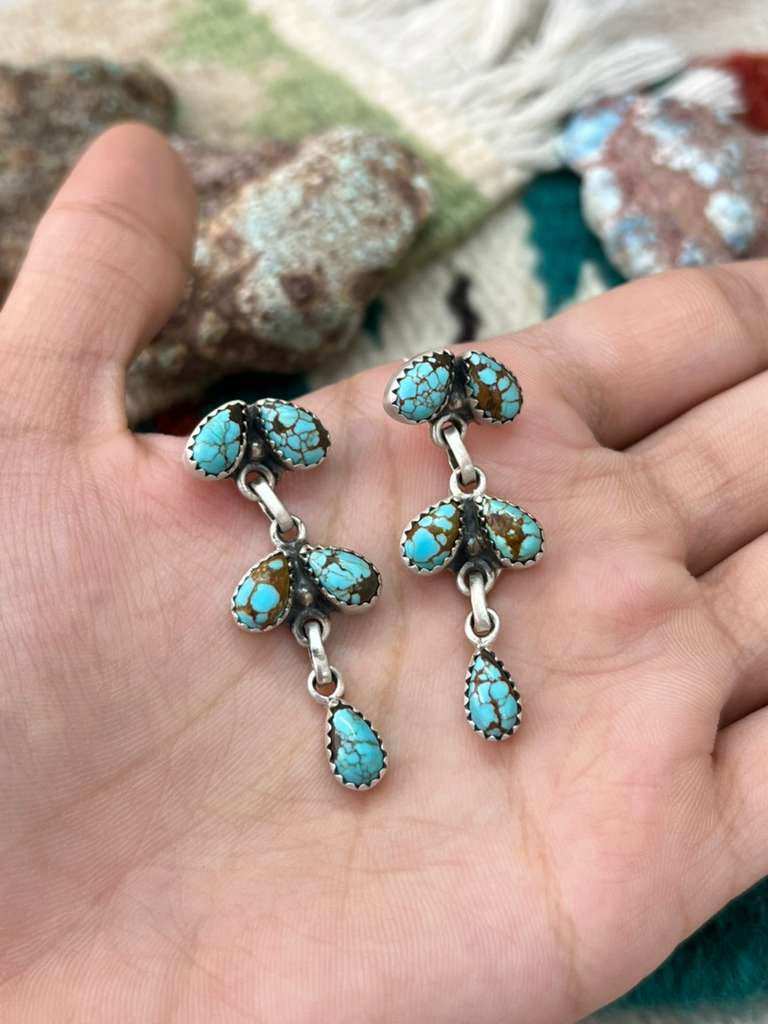 Handmade Sterling Silver Number 8 Turquoise Post Dangle Earrings "Signed Nizhoni"