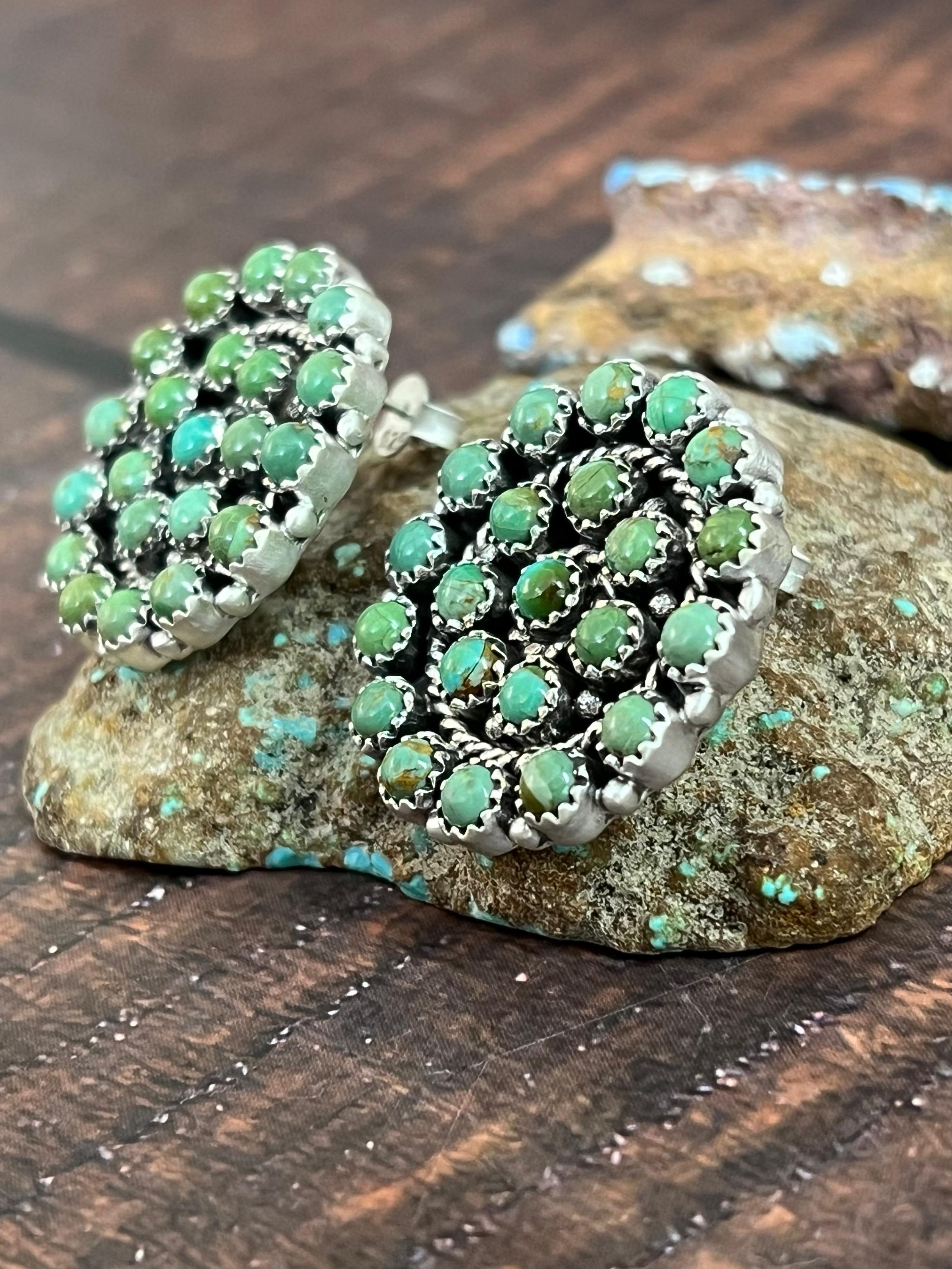 Handmade Sterling Silver Kingman Turquoise Studs with Signed Nizhoni