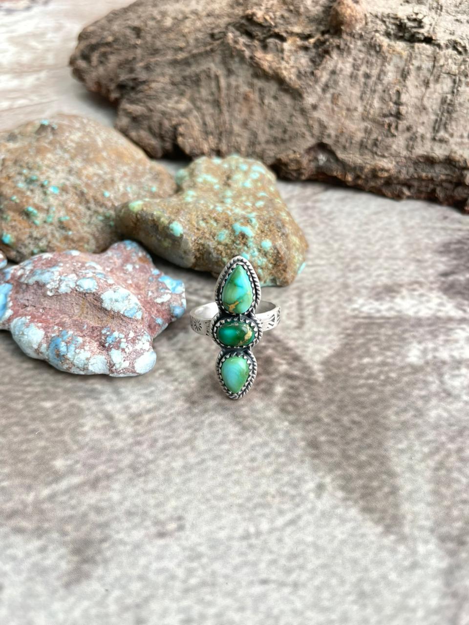 Handmade Sterling Silver Sonoran Mountain Turquoise Adjustable Ring with Signed Nizhoni