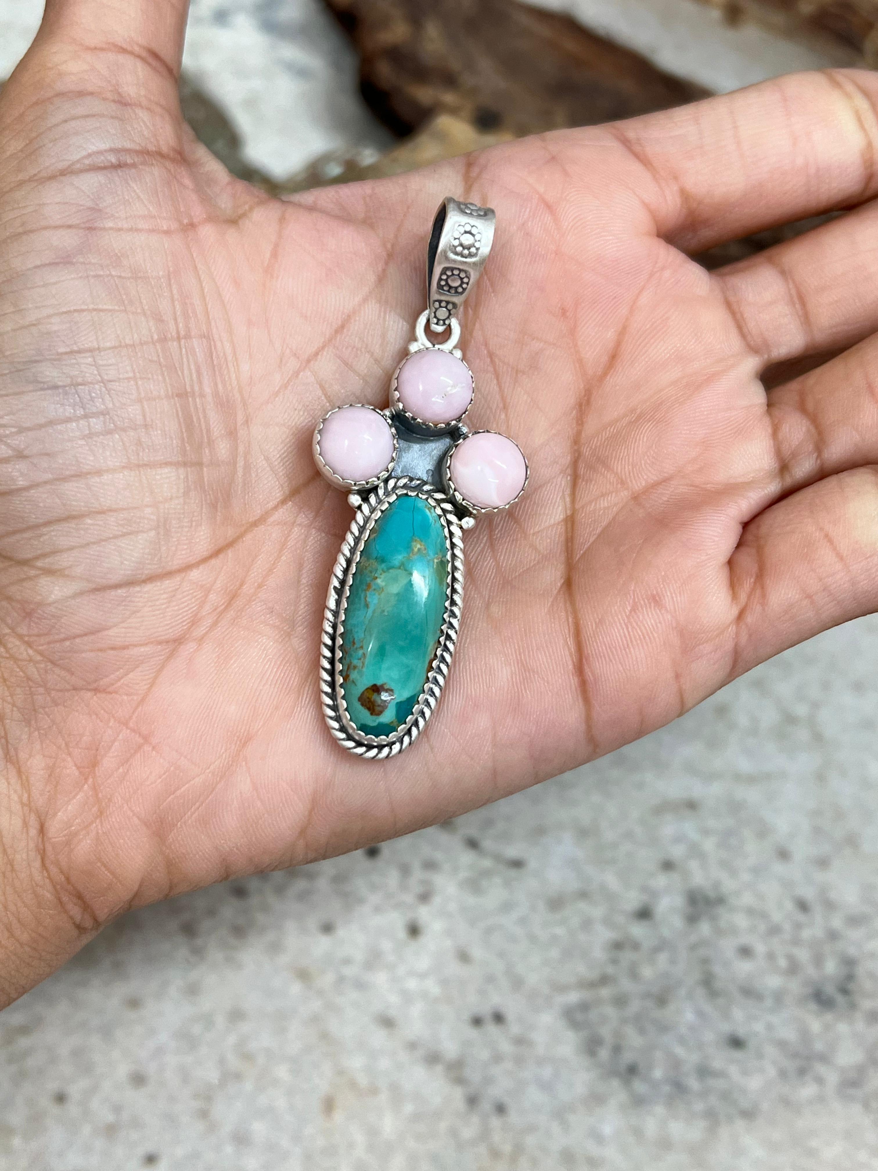 Handmade Sterling Silver Kingman with Pink Opal Pendant Signed Nizhoni